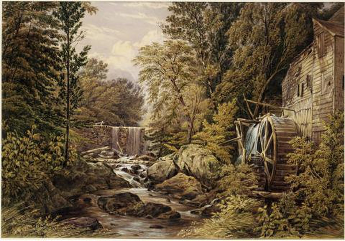 Painting by William Rickarby Miller from 1851 titled "Carl's Mill on the Pocantico River, Sleepy Hollow," depicting a wooden mill building with a water wheel next to a river and waterfall, surrounded by lush trees and rocks. This mill was an early landmark of the Sleepy Hollow area and was known as the "haunted house of the neighborhood."