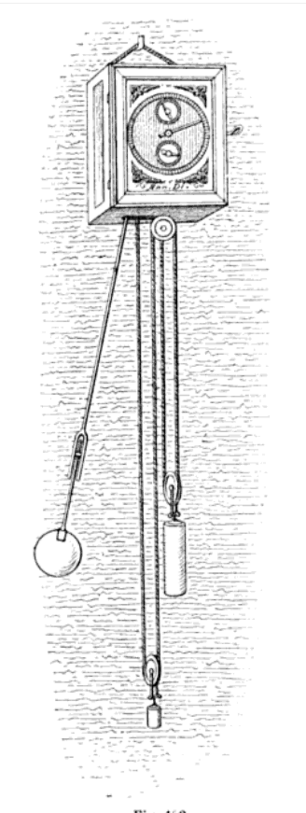 A front view illustration of Huygens' first pendulum clock, showing the clock face at the top, a long pendulum, and two weights suspended by ropes and pulleys. The clock is depicted with a simple, rectangular wooden case.