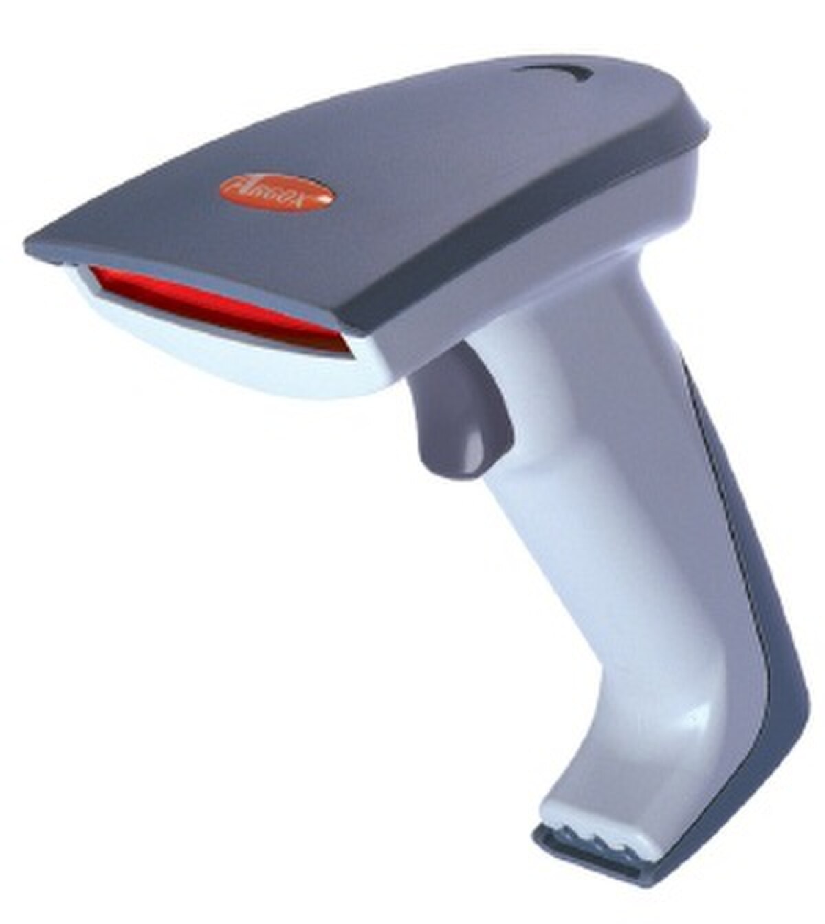 A handheld barcode scanner, branded Argox, with a gray body and a red scanning light visible at the front. The device has an ergonomic grip and a trigger button.
