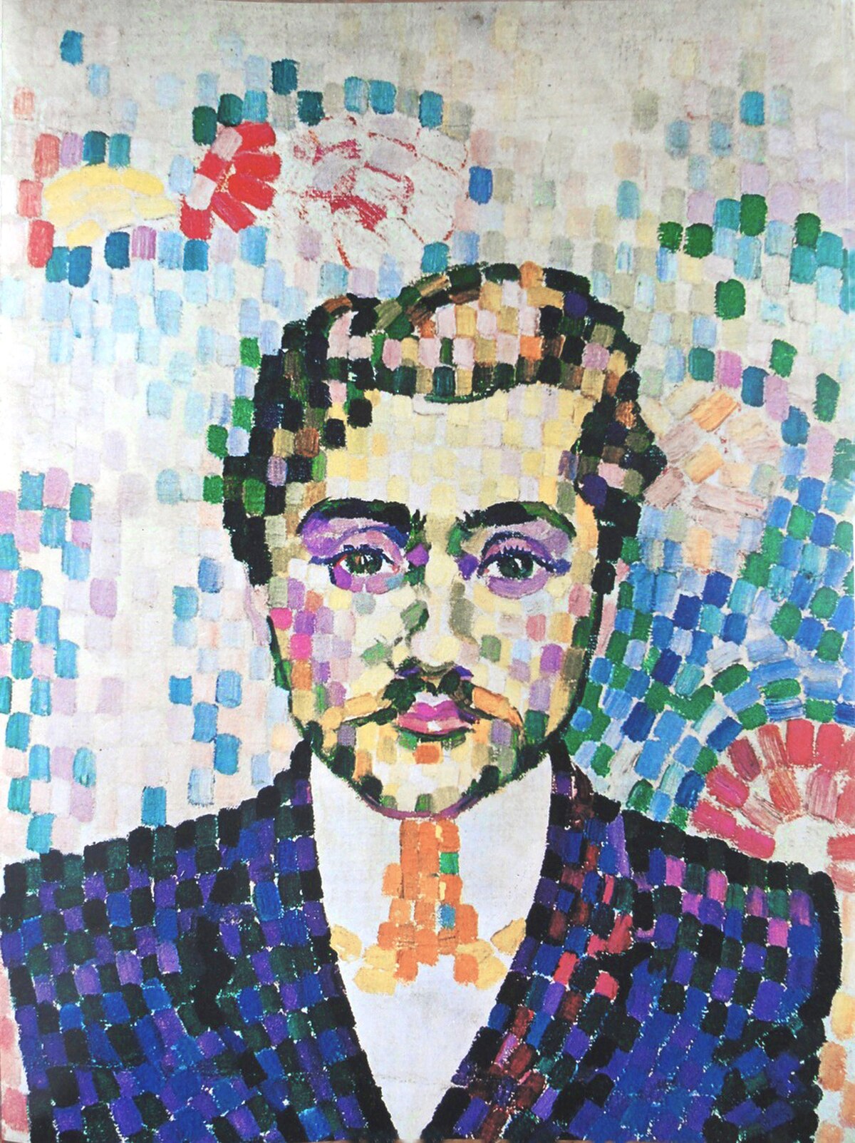 Pointillist portrait by Robert Delaunay from 1906, titled "Portrait de Metzinger," depicting a man with a mustache and beard wearing a dark suit. The portrait is rendered with distinct, rectangular brushstrokes of various colors, creating a mosaic-like effect.