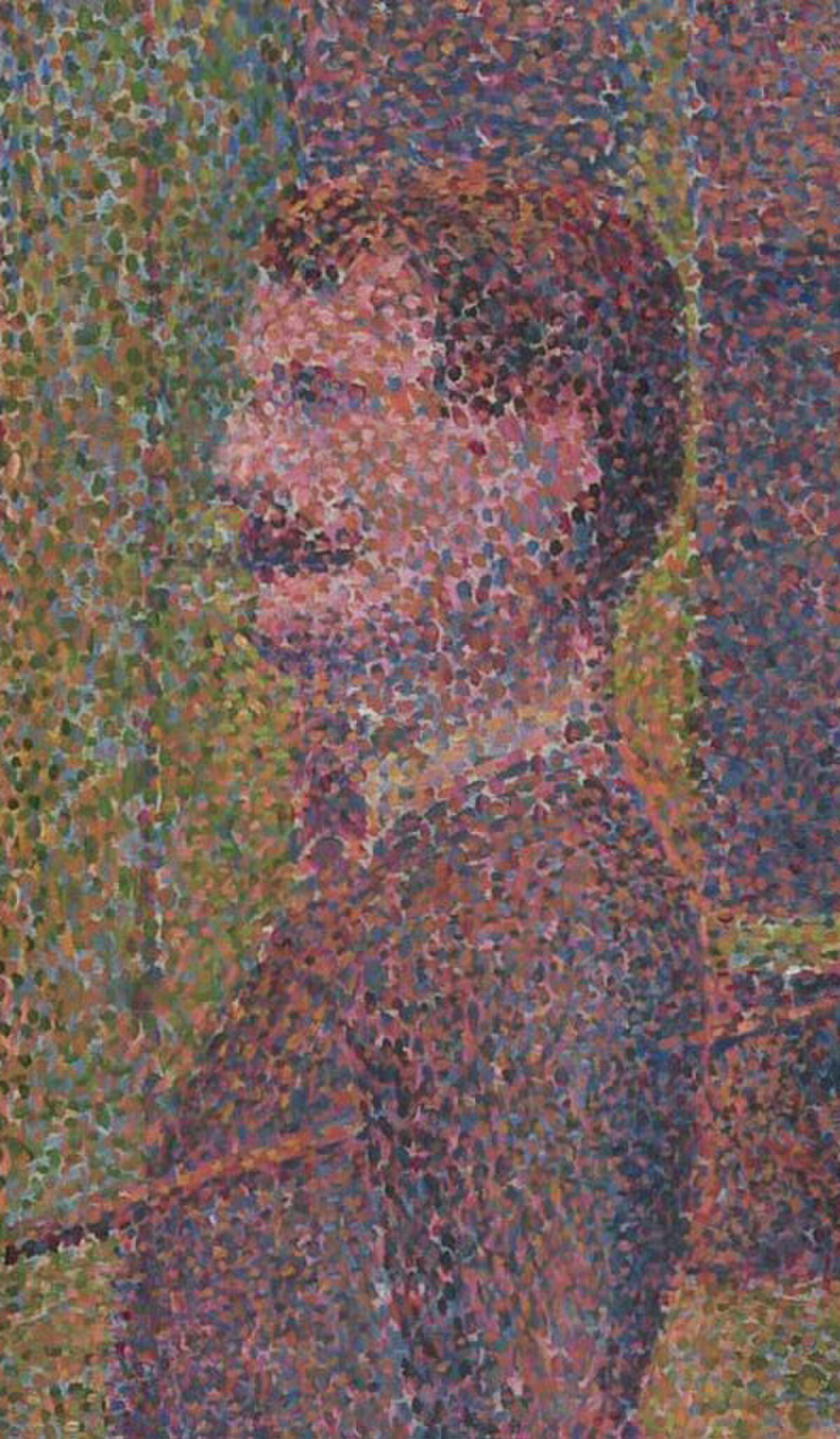 A detail from Georges Seurat's "Parade de cirque" (1889) showcases the pointillist technique, with the image of a man's profile composed of numerous small, contrasting dots of paint. The man has dark hair and a mustache.