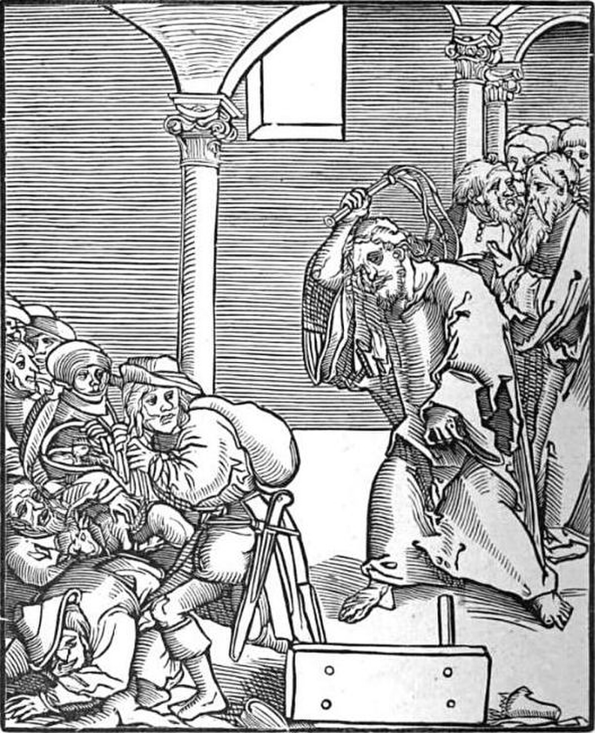 Woodcut titled "Christ Drives the Usurers Out of the Temple" by Lucas Cranach the Elder, from the Passionary of Christ and Antichrist. The image shows Christ wielding a whip, driving merchants and money-changers from the temple, who are depicted with bags of coins and scales.