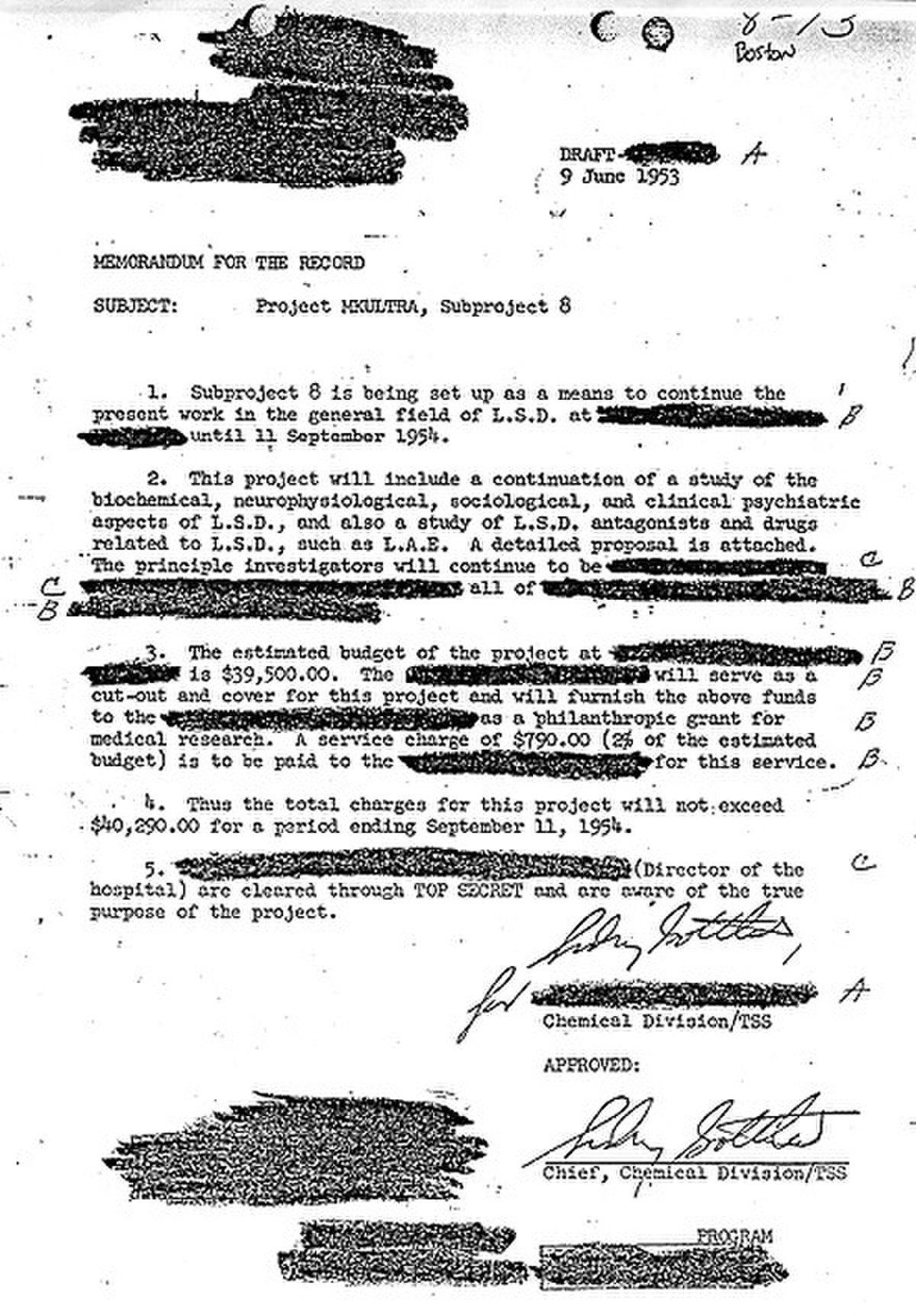 Declassified memorandum from June 9, 1953, regarding Project MKUltra, Subproject 8, which details the continuation of research on LSD. The document, approved by Sidney Gottlieb, outlines a study of biochemical, neurophysiological, sociological, and clinical psychiatric aspects of LSD, with an estimated budget of $39,500.00.
