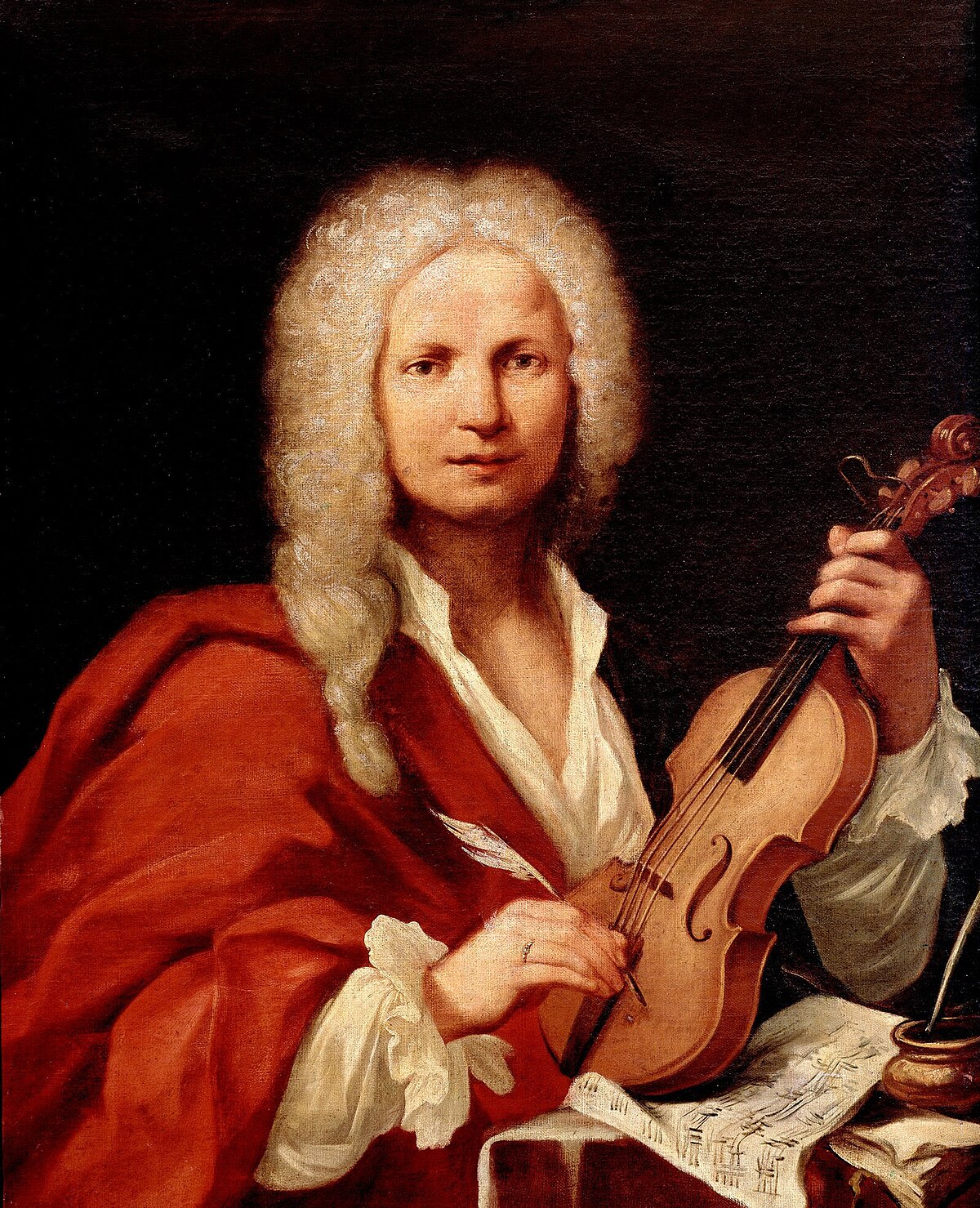 A portrait painting of Antonio Vivaldi, depicted with a white wig and a red robe, holding a violin and a quill pen. Musical notation is visible on a sheet of paper on the table beside him.