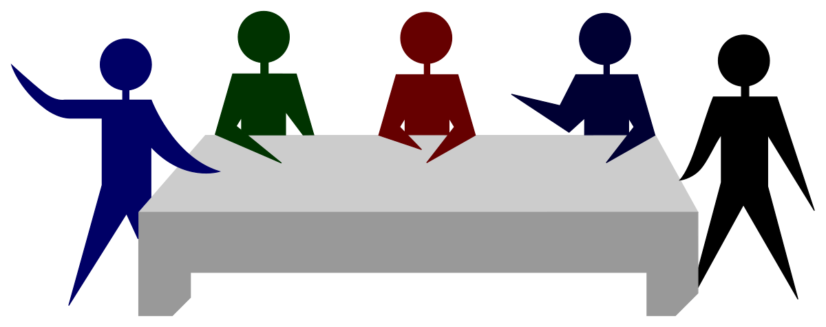 Stylized illustration of five figures, four seated at a table and one standing, representing a group or society.