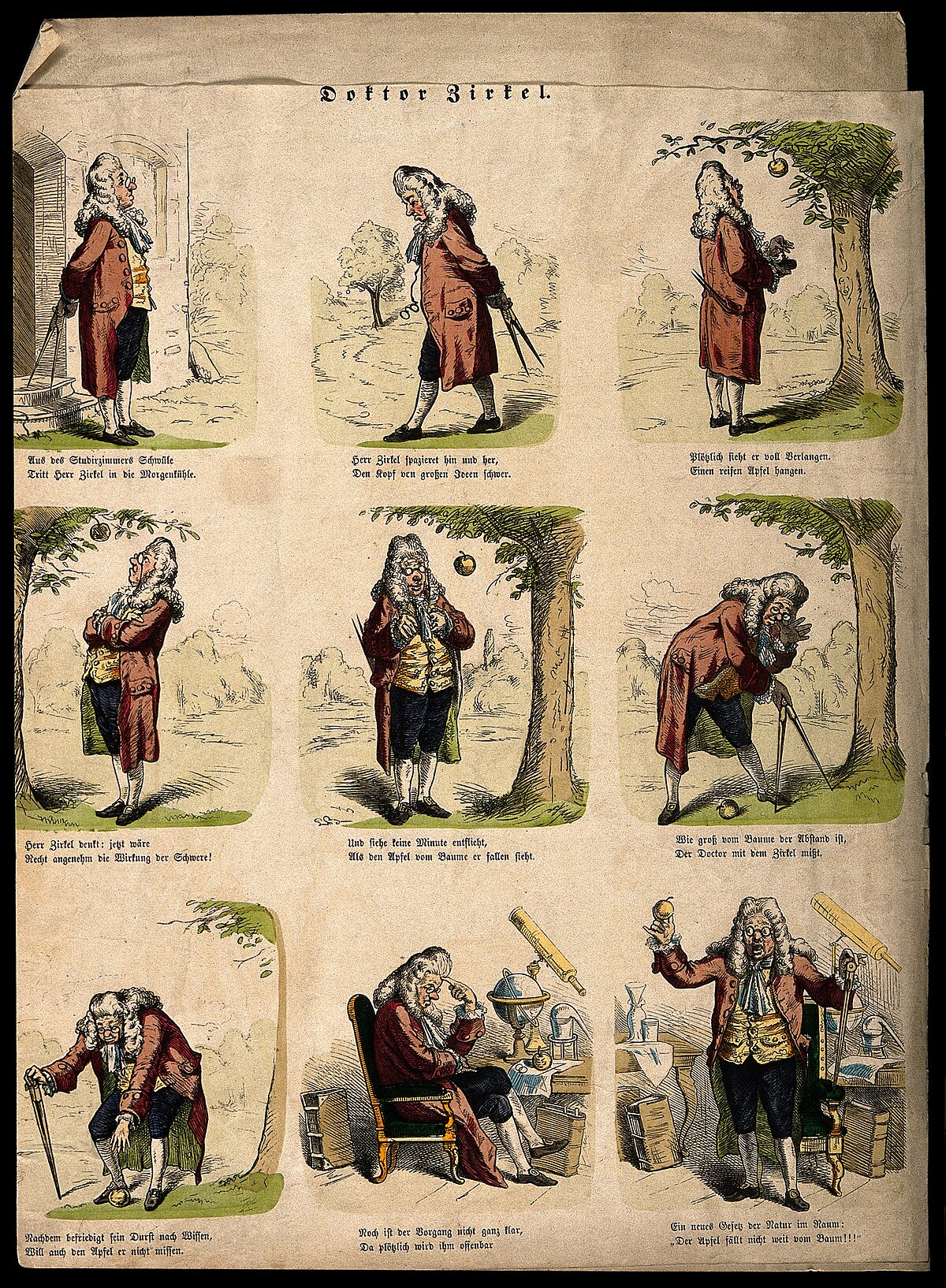 A nine-panel cartoon titled "Doktor Zirkel" depicting Isaac Newton's discovery of gravity through a falling apple. Each panel shows Newton in various stages of observation and thought, with German captions below each image.