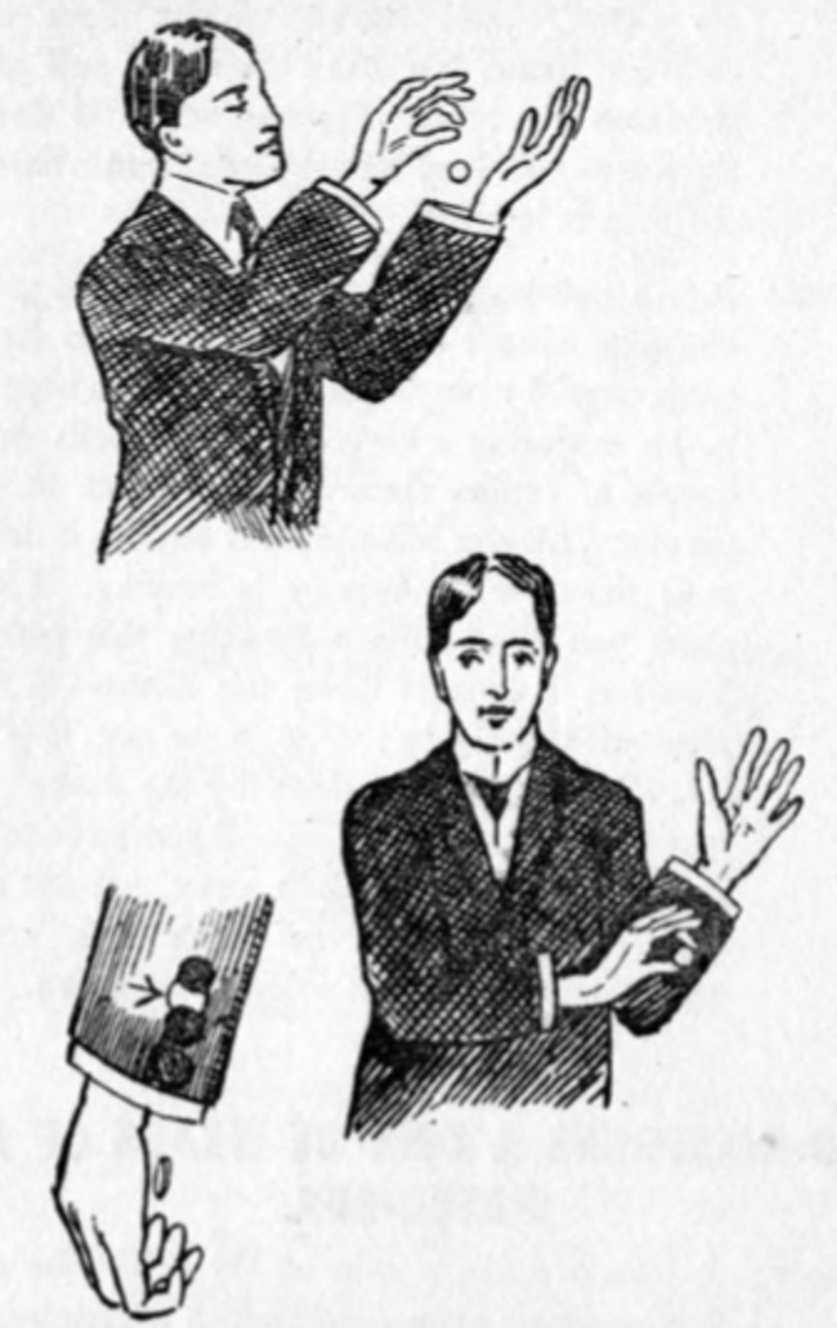 A diagram illustrates Will Goldston's magic trick of passing a coin through a sleeve, showing three stages: a man holding a coin above his hands, the man with his hands near his sleeve, and a close-up of a coin appearing from inside a sleeve.