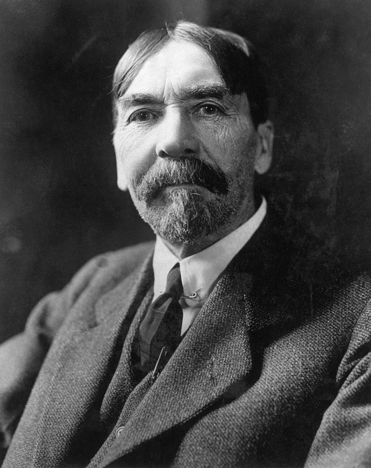 Black and white portrait of Thorstein Veblen, an economist and sociologist, featuring a mustache and beard, wearing a suit jacket and tie. He is looking directly at the viewer with a thoughtful expression.