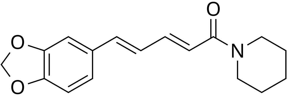 Chemical structure diagram of piperine, showing a molecule with a methylenedioxybenzene group, a conjugated diene chain, and a piperidine ring.