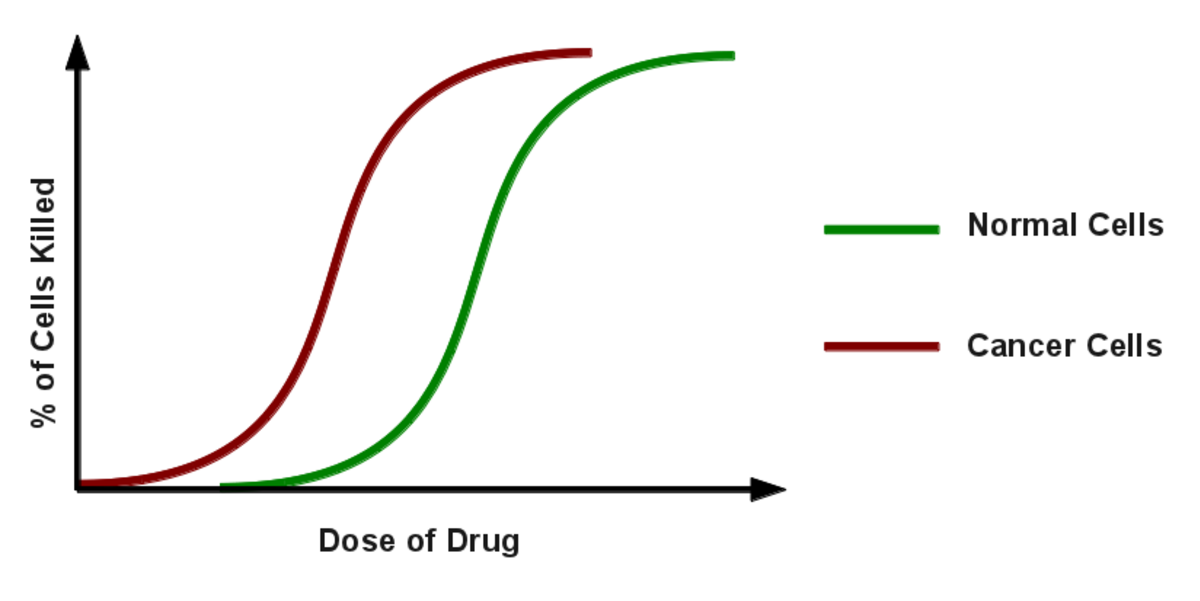 Graph illustrating the dose-response relationship of chemotherapeutic drugs on normal and cancer cells, plotting the percentage of cells killed against the dose of drug. The red curve represents cancer cells, showing a higher percentage killed at lower doses, while the green curve represents normal cells, indicating that at high doses, the killing percentage for both cell types becomes similar.