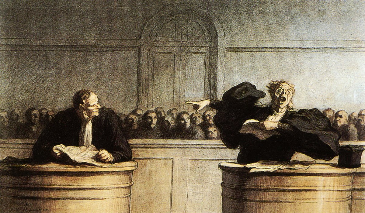 Gouache painting by Honoré Daumier titled "Une cause célèbre" (A Famous Case), circa 1862, depicting a dramatic courtroom scene. A lawyer on the right gestures emphatically while addressing the court, while another lawyer on the left looks on.