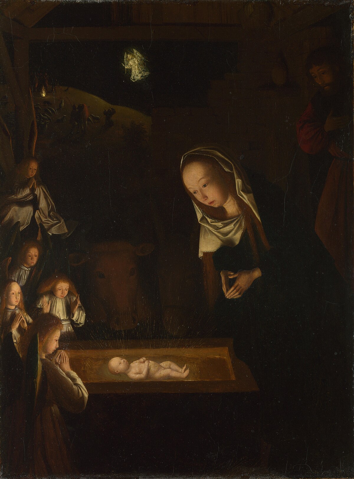 Geertgen tot Sint Jans's painting, "The Nativity at Night" (c. 1490), depicts the birth of Jesus in a dark stable, with light emanating from the infant Jesus, a fire in the background, and an angel. Mary and other figures are gathered around the glowing infant.