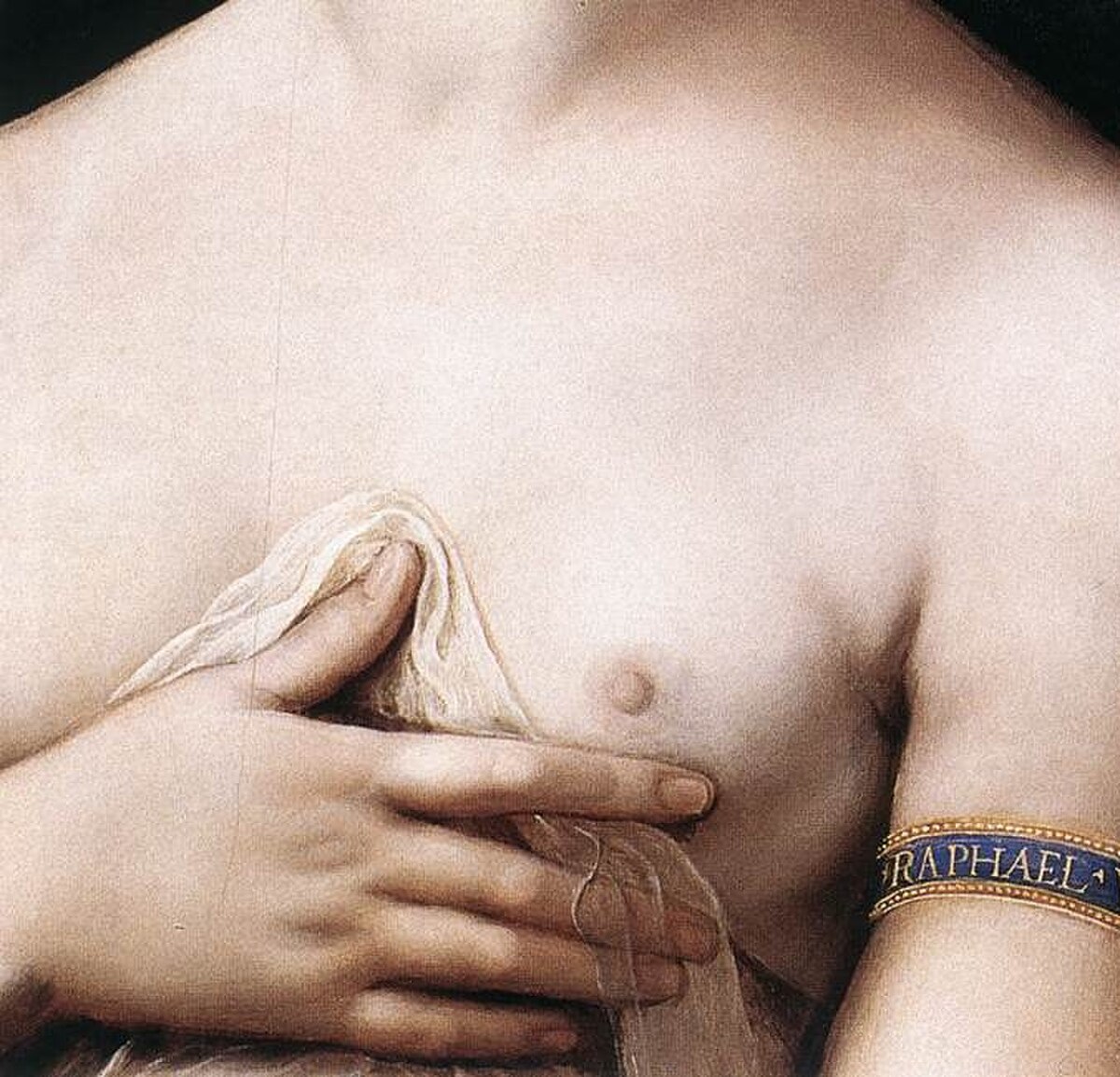 A detail from Raphael's painting "La Fornarina" (1518–19) shows the delicate chiaroscuro modeling on the shoulder, breast, and arm of the subject. A blue and gold armband on her left arm is inscribed with "RAPHAEL VRBINAS."