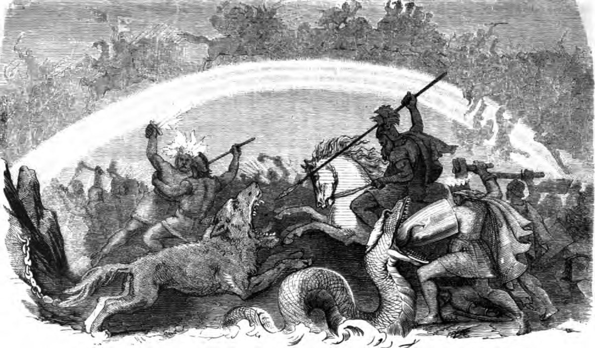 Engraving by Friedrich Wilhelm Heine from 1882 titled "Battle of the Doomed Gods," depicting a chaotic battle scene with gods fighting monstrous wolves and serpents. A bright, arcing rainbow spans across the sky above the combatants.