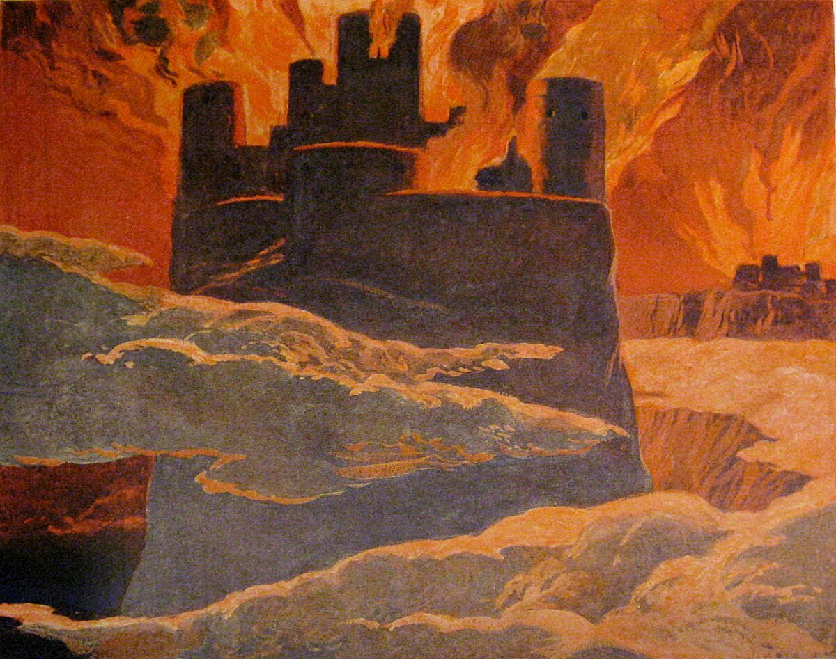 Painting by Emil Doepler from 1905 depicting a scene from the final phase of Ragnarök, showing a dark, fortified city engulfed in massive flames and smoke. The foreground features swirling clouds over a chasm, with another burning structure visible in the distance.