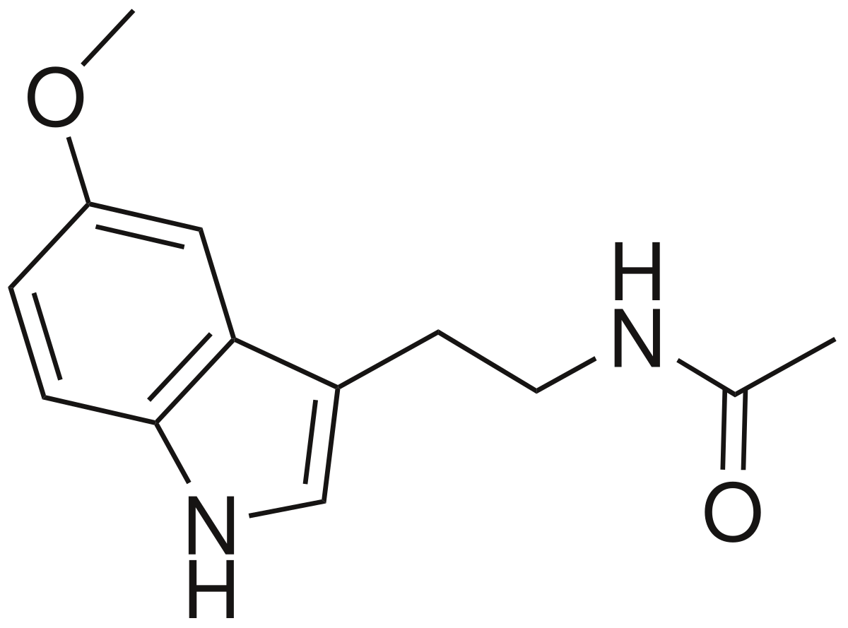 2D skeletal formula of melatonin, featuring an indole ring system with a methoxy group and an N-acetyl ethylamine side chain.