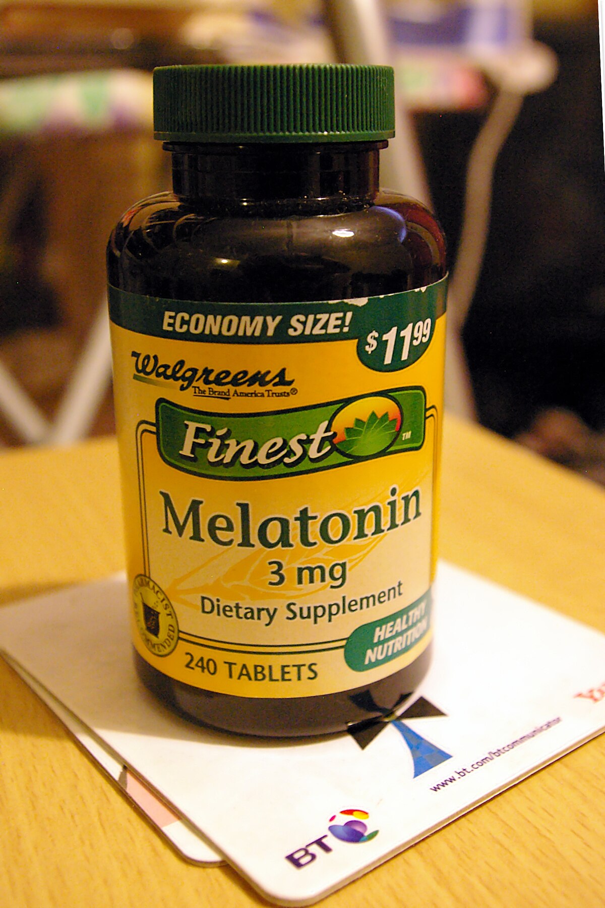 A bottle of Walgreens Finest Melatonin 3 mg Dietary Supplement tablets, labeled as "Economy Size" and priced at $11.99. The bottle contains 240 tablets and is marketed for "Healthy Nutrition."