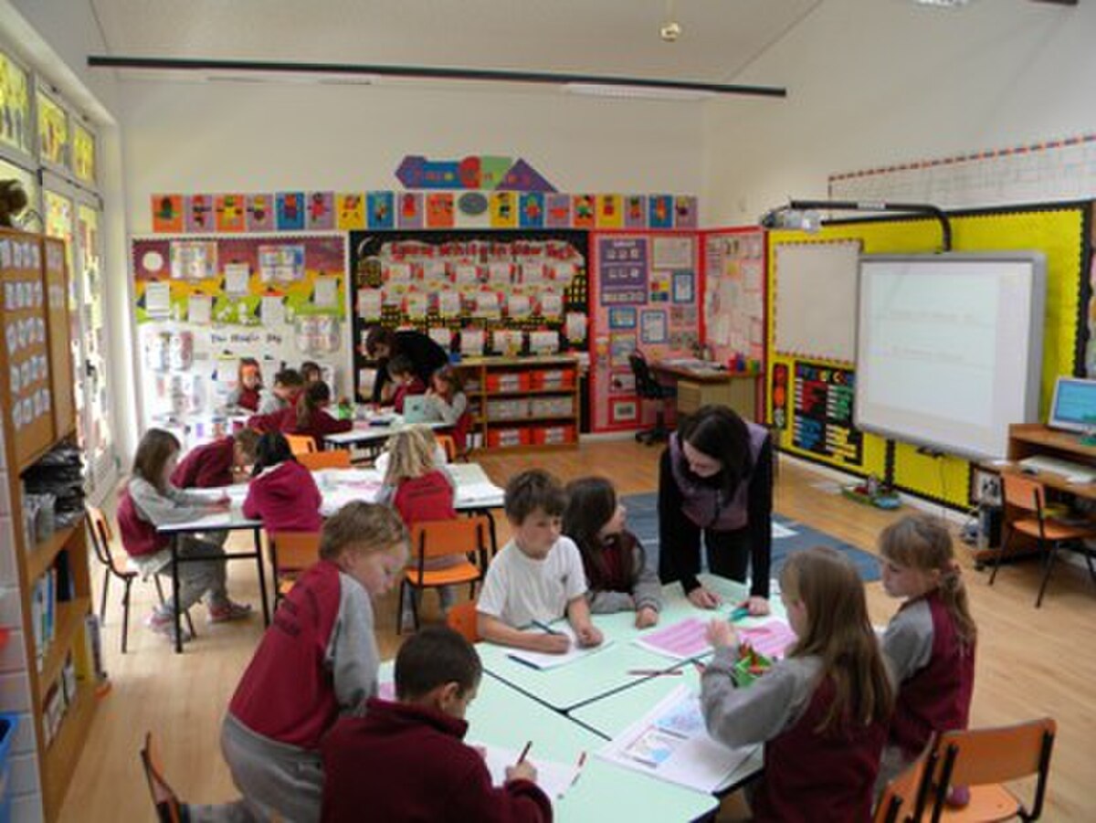 A classroom view shows young students seated at tables, engaged in learning activities with a teacher. The classroom is brightly lit and decorated with various educational materials on the walls, including colorful charts and artwork.