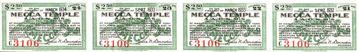 A strip of four uncut bond coupons from a 1922 Mecca Temple construction bond, each for $2.50. Each coupon specifies payment "ON THE FIRST DAY OF MARCH 1924" and is numbered C3106.