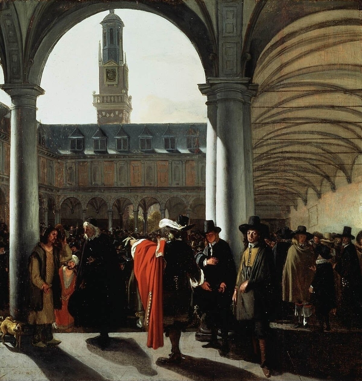 Emanuel de Witte's 1653 painting of the courtyard of the Amsterdam Stock Exchange, known as the Beurs van Hendrick de Keyser. The scene features a crowd of merchants and traders gathered under classical arches, with a view of the exchange's tower and clock in the background.