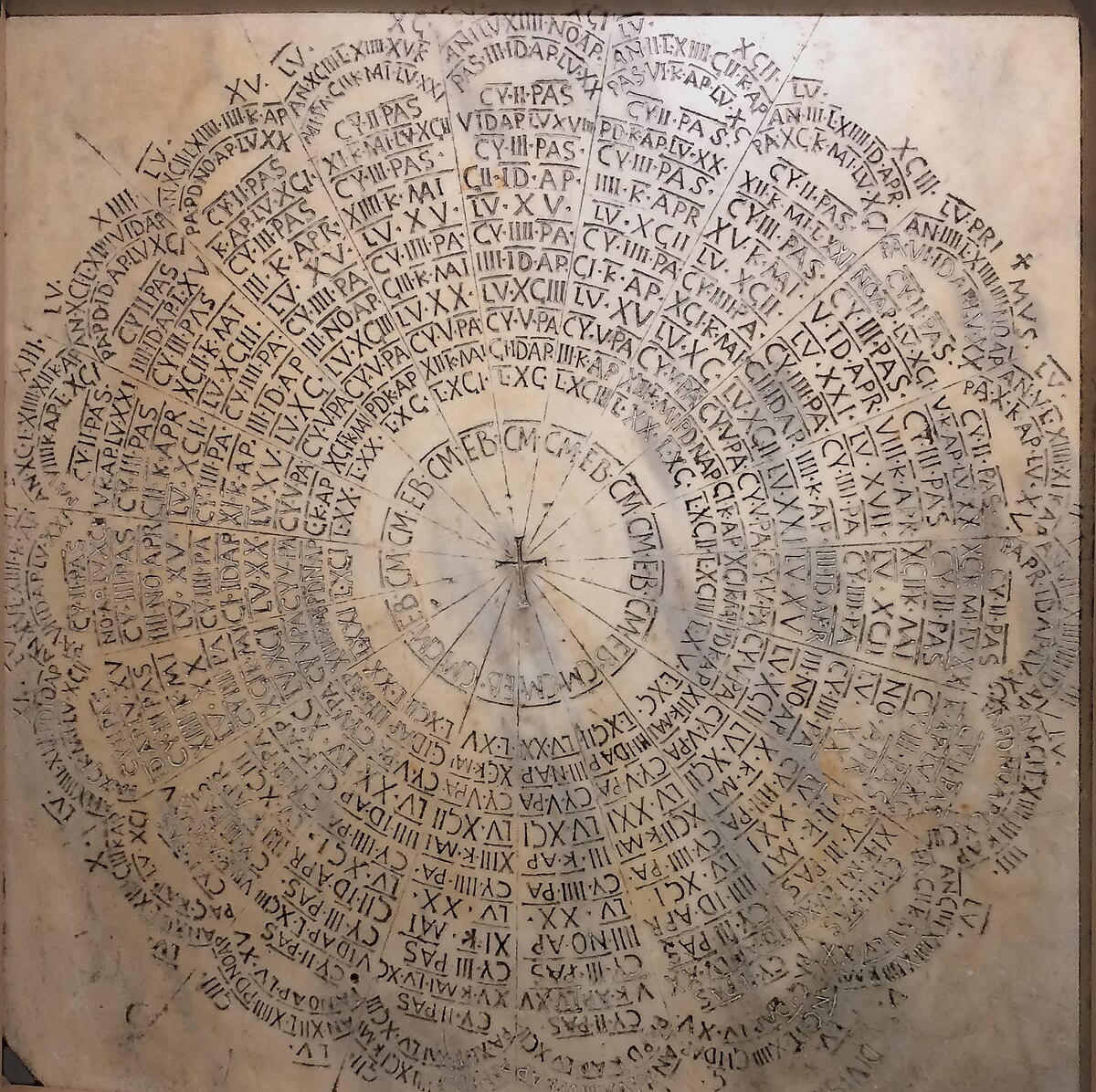 A marble calendar of the dates of Easter for the 95 years from 532 to 626, displayed in the Museum of Ravenna Cathedral, Italy. Five 19-year cycles are represented as concentric circles, with dates given using the Roman calendar system and the day of the lunar month.