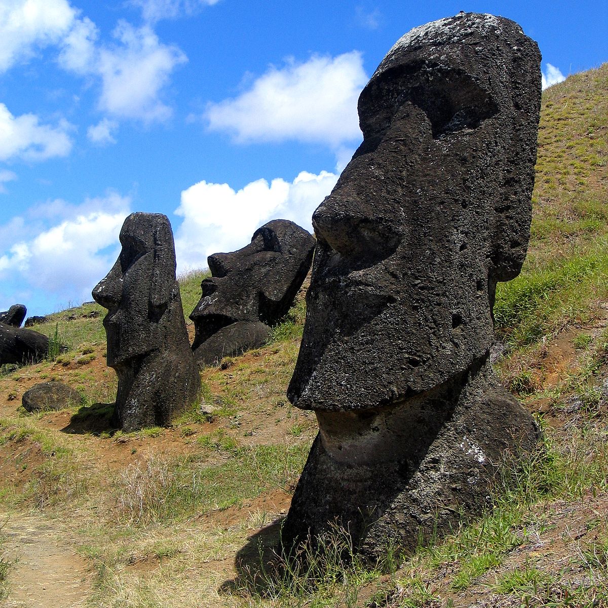 Several Moai statues, large monolithic human figures carved by the Rapa Nui people, stand on a grassy hillside on Easter Island under a blue sky with white clouds. The statues are characterized by their oversized heads and stoic expressions.