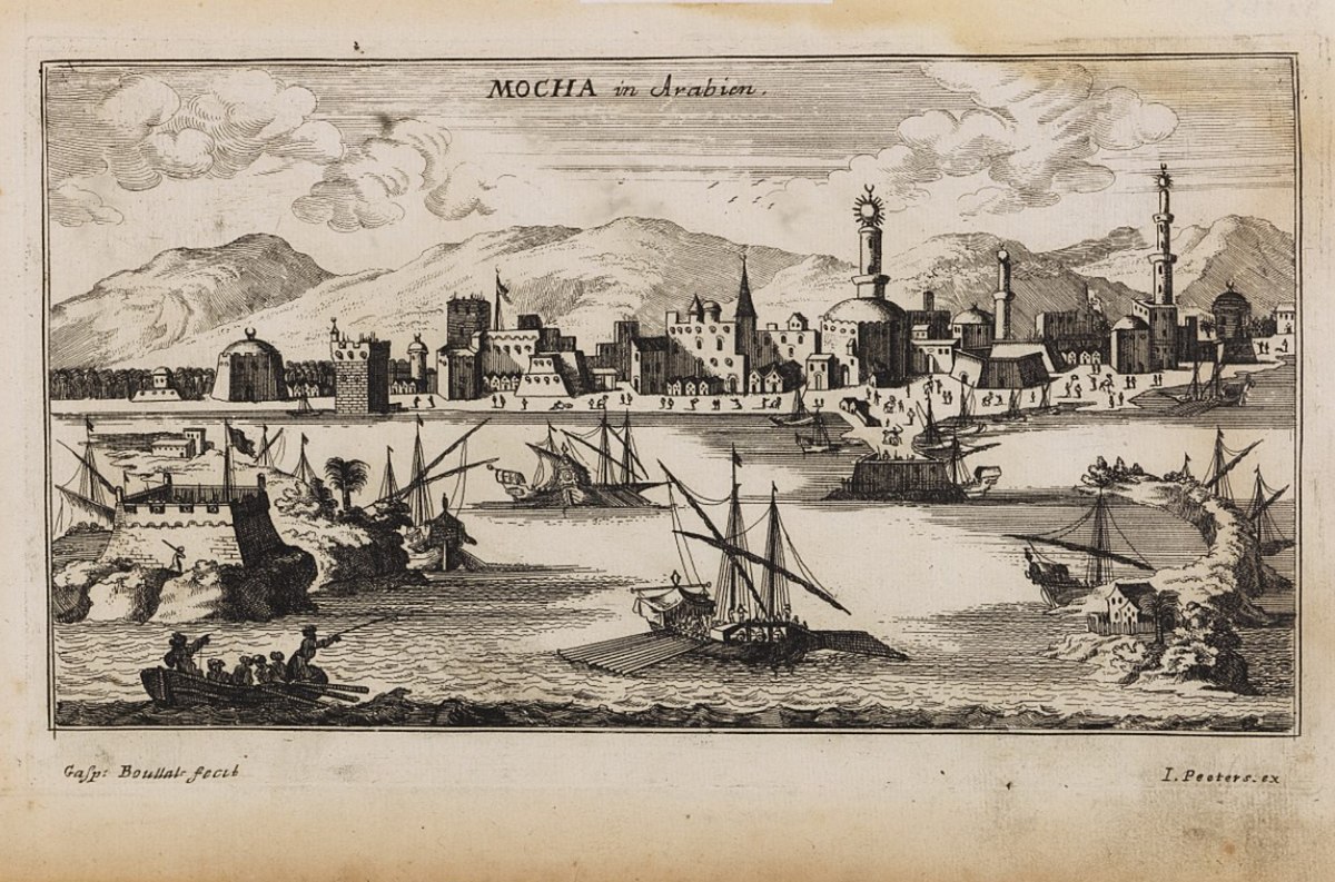 An engraving depicting the port city of Mocha in Yemen in 1692, with numerous ships in the harbor and a fortified city skyline in the background. The title at the top reads "MOCHA in Arabien."
