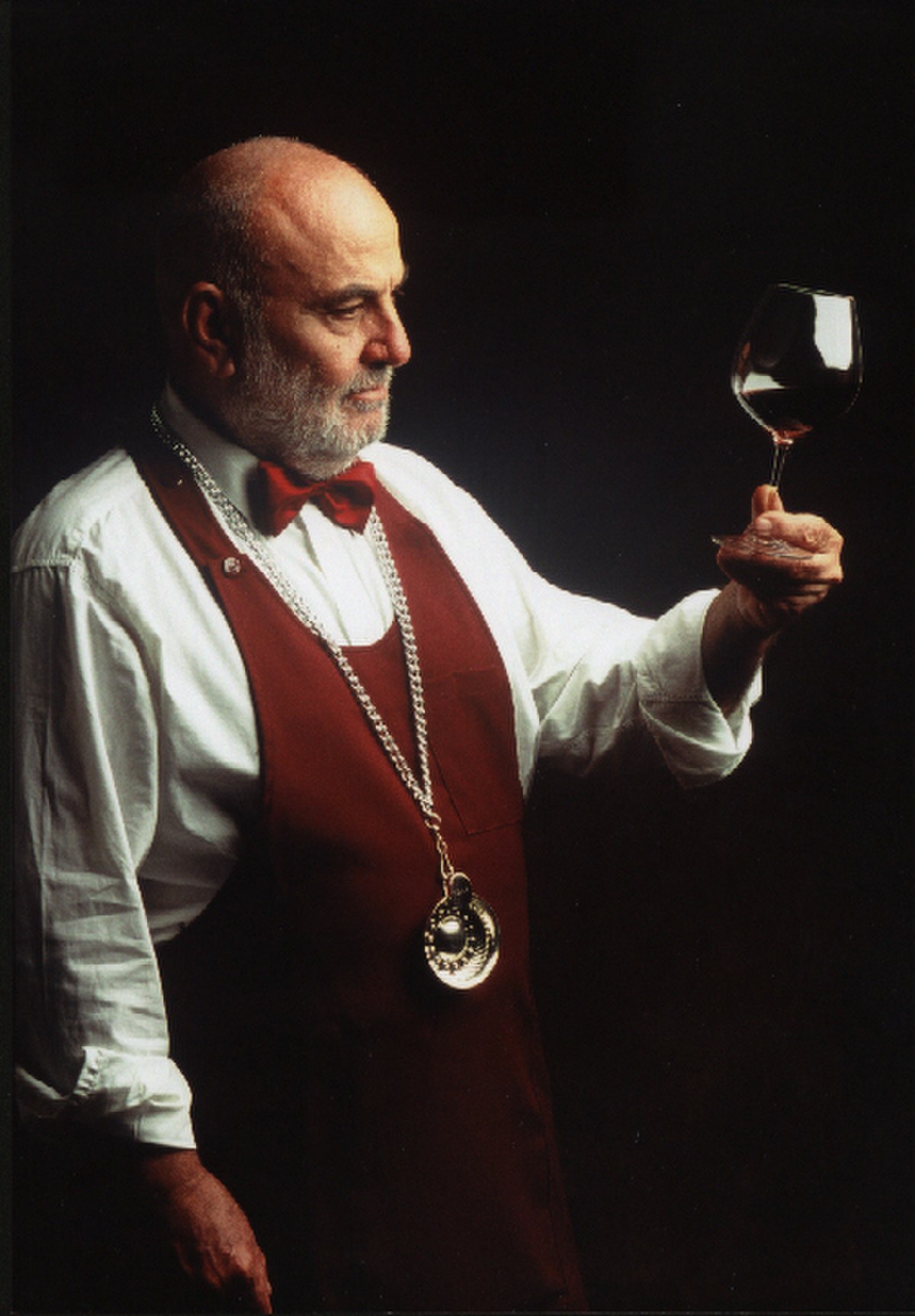 An Italian sommelier from F.I.S.A.R. (Federazione Italiana Sommelier Albergatori Ristoratori) is depicted in profile, holding a glass of red wine and wearing a tastevin around his neck. He is dressed in a white shirt, a red bow tie, and a red apron, with a silver chain holding the tastevin.