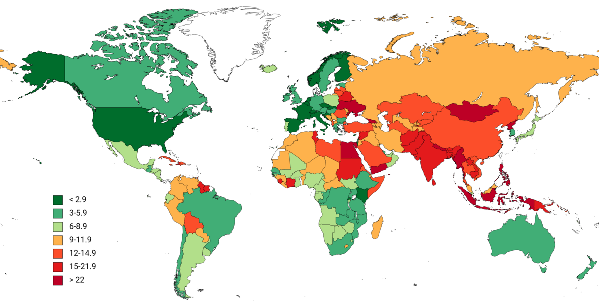 A world map illustrates deaths due to long working hours per 100,000 people (aged 15+) in 2016, with a color scale ranging from green (less than 2.9) to dark red (greater than 22).