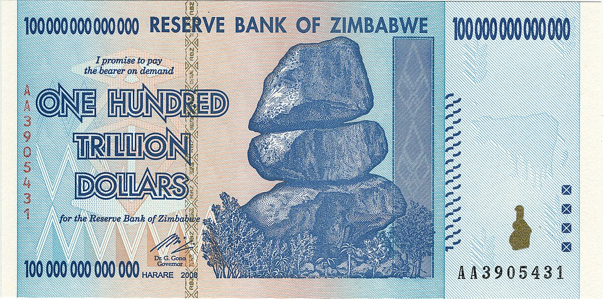 Front of a 100 trillion Zimbabwean dollar banknote from 2009, featuring the Chiremba Balancing Rocks. The note is labeled "RESERVE BANK OF ZIMBABWE" and states "I promise to pay the bearer on demand ONE HUNDRED TRILLION DOLLARS for the Reserve Bank of Zimbabwe," with "Dr. G. Gono Governor" and "HARARE 2008" also visible.