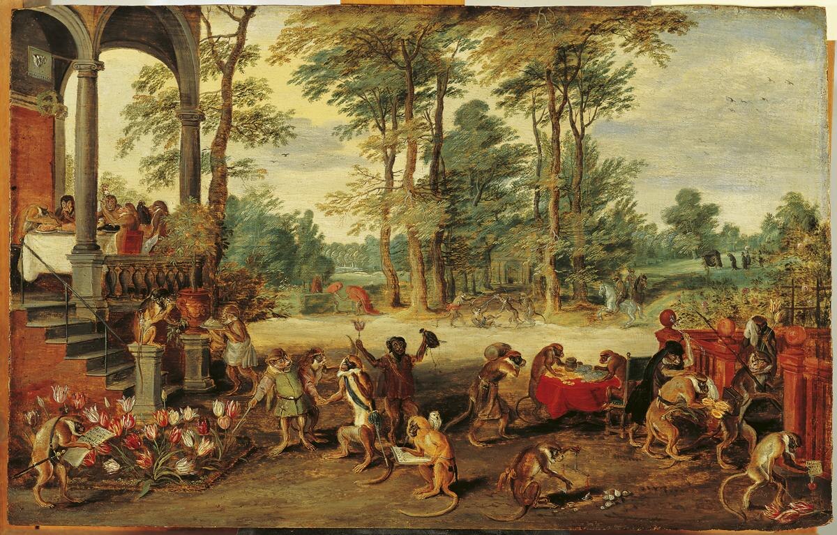 Jan Brueghel the Younger's painting "A Satire of Tulip Mania" (c. 1640), depicting monkeys in human clothing engaging in various activities related to the tulip trade. One monkey urinates on tulips, others are in a debtor's court, and one is carried in a coffin.
