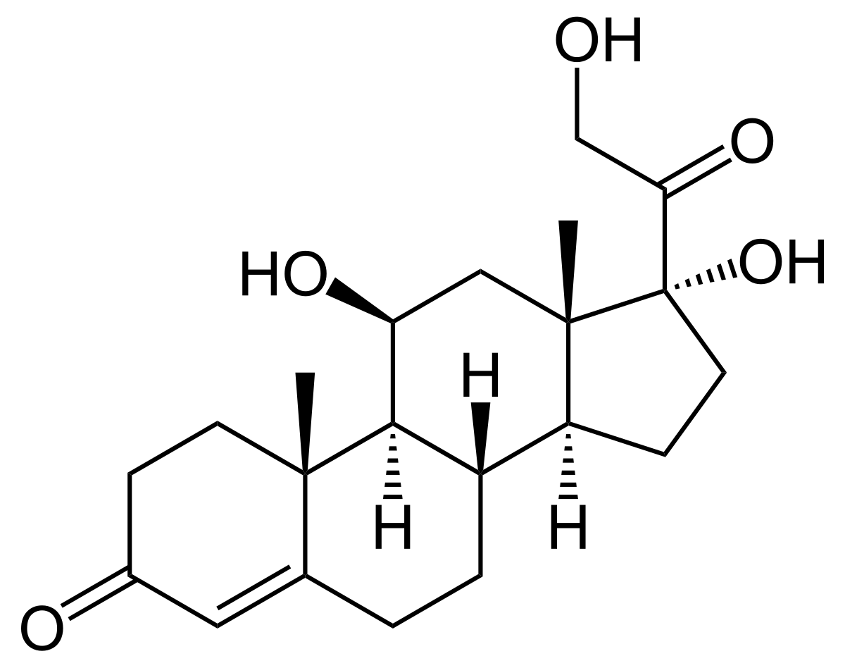Chemical structure of cortisol, a steroid hormone, displaying its characteristic four-ring core and various functional groups including hydroxyl (OH) and ketone (O) groups.