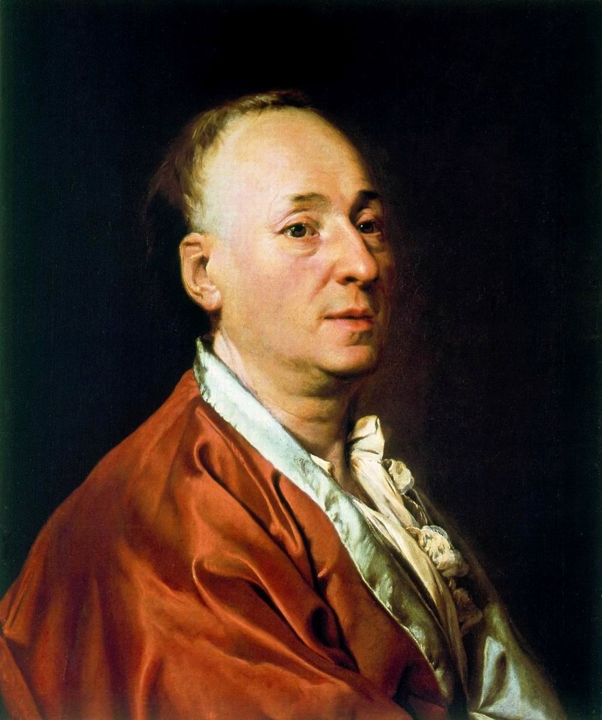 Portrait of Denis Diderot, painted by Dmitry Levitzky in 1773, showing him in a red gown with a white ruffled shirt.