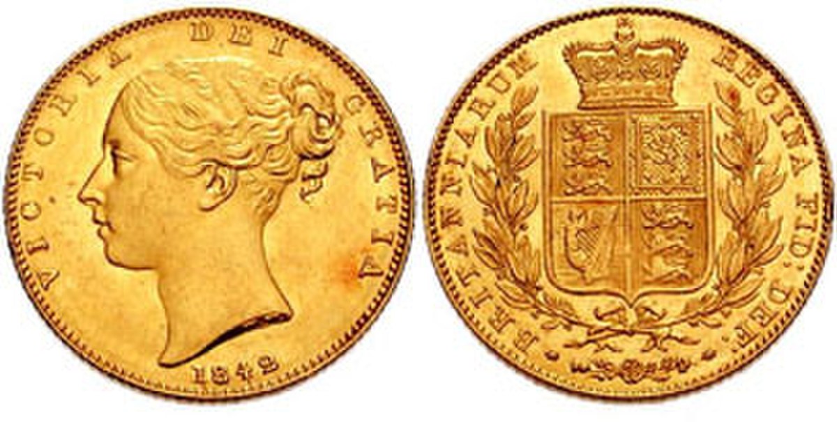 Two sides of a British gold sovereign coin from 1842, featuring a portrait of Queen Victoria on the obverse and the royal coat of arms on the reverse. The coin is inscribed with "VICTORIA DEI GRATIA" and "BRITANNIARUM REGINA FID. DEF."
