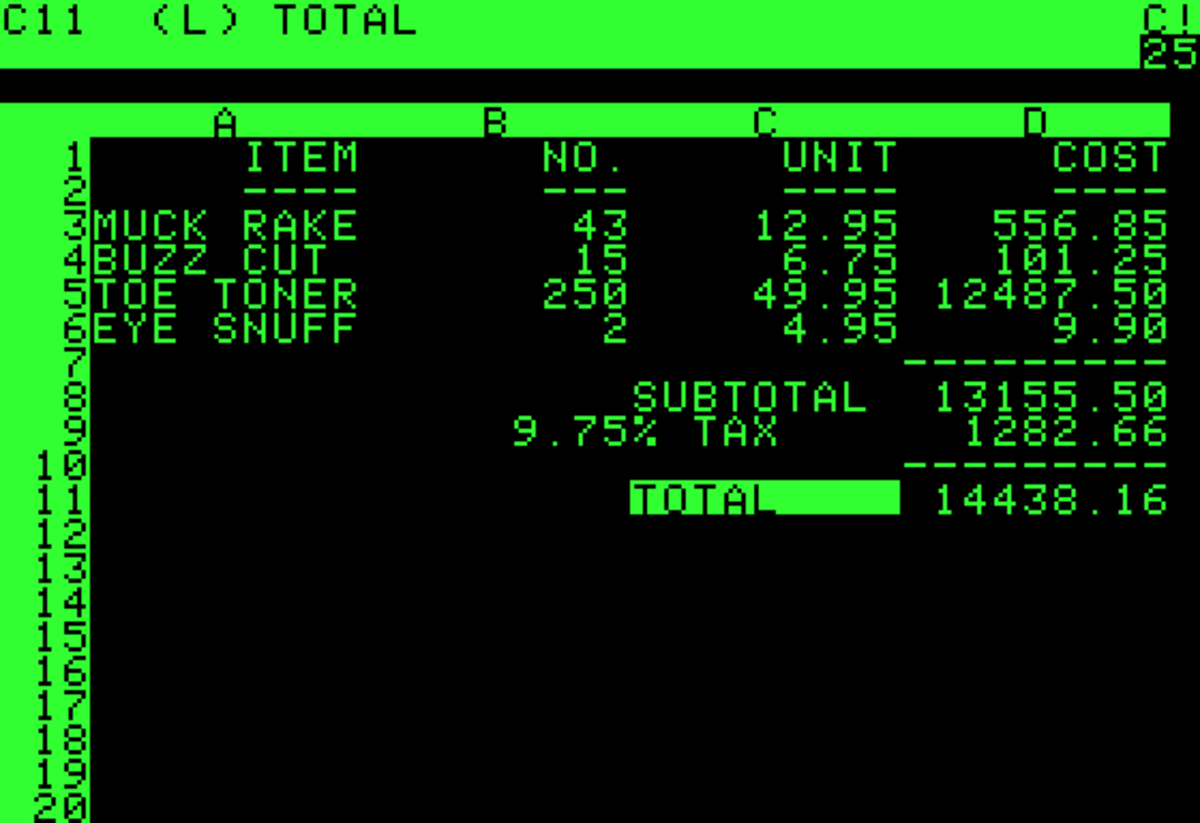 A screen displaying VisiCalc, an early spreadsheet program, with a green-on-black interface. The spreadsheet shows an itemized list with columns for "ITEM", "NO.", "UNIT", and "COST", calculating a subtotal, 9.75% tax, and a total of 14438.16.