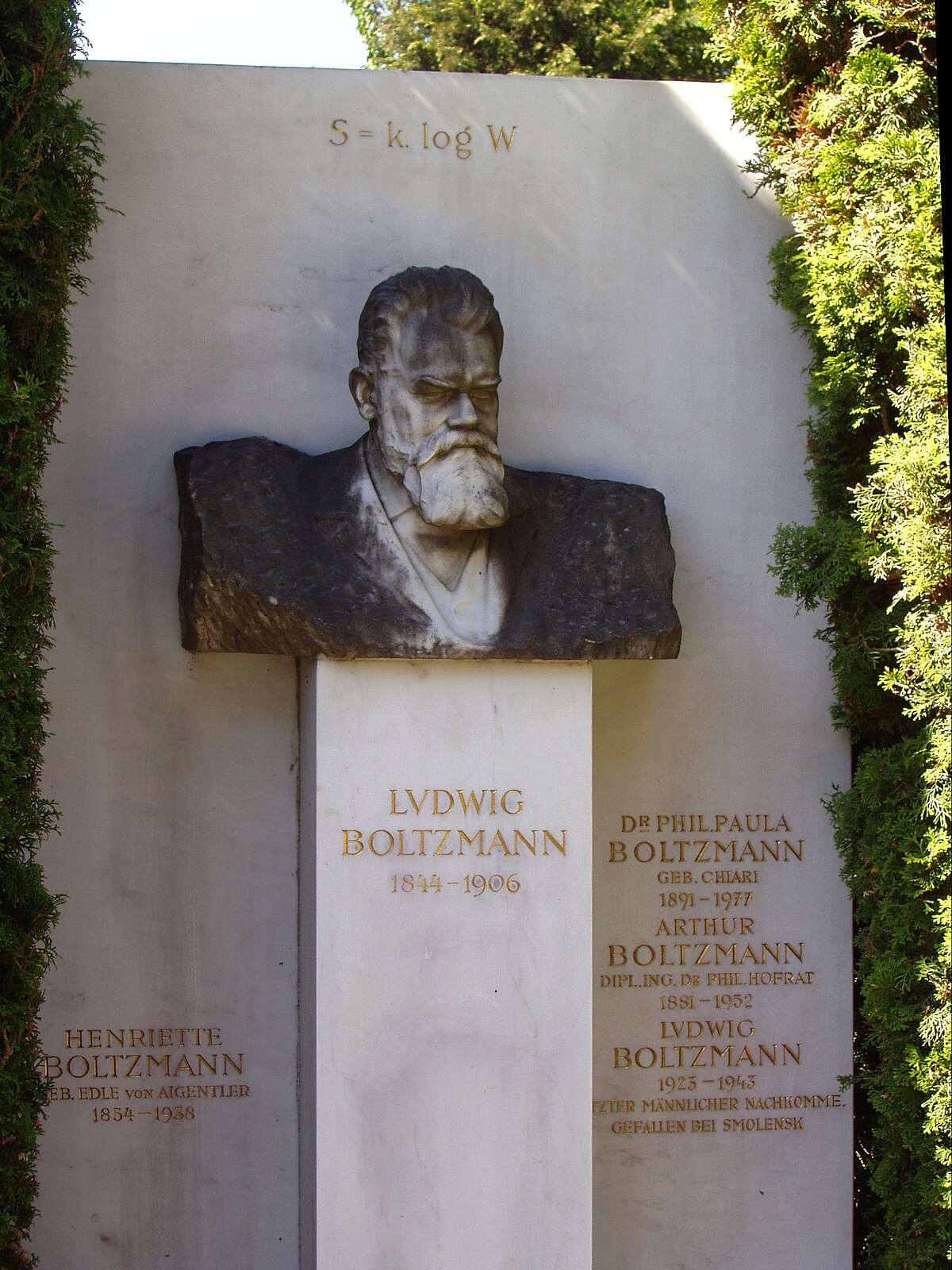 Ludwig Boltzmann's grave in the Zentralfriedhof, Vienna, featuring a bust of Boltzmann and the entropy formula S = k log W inscribed above it. The grave also lists his birth and death years (1844-1906) and names of family members: Henriette Boltzmann, Dr. Phil Paula Boltzmann, Arthur Boltzmann, and Ludwig Boltzmann.