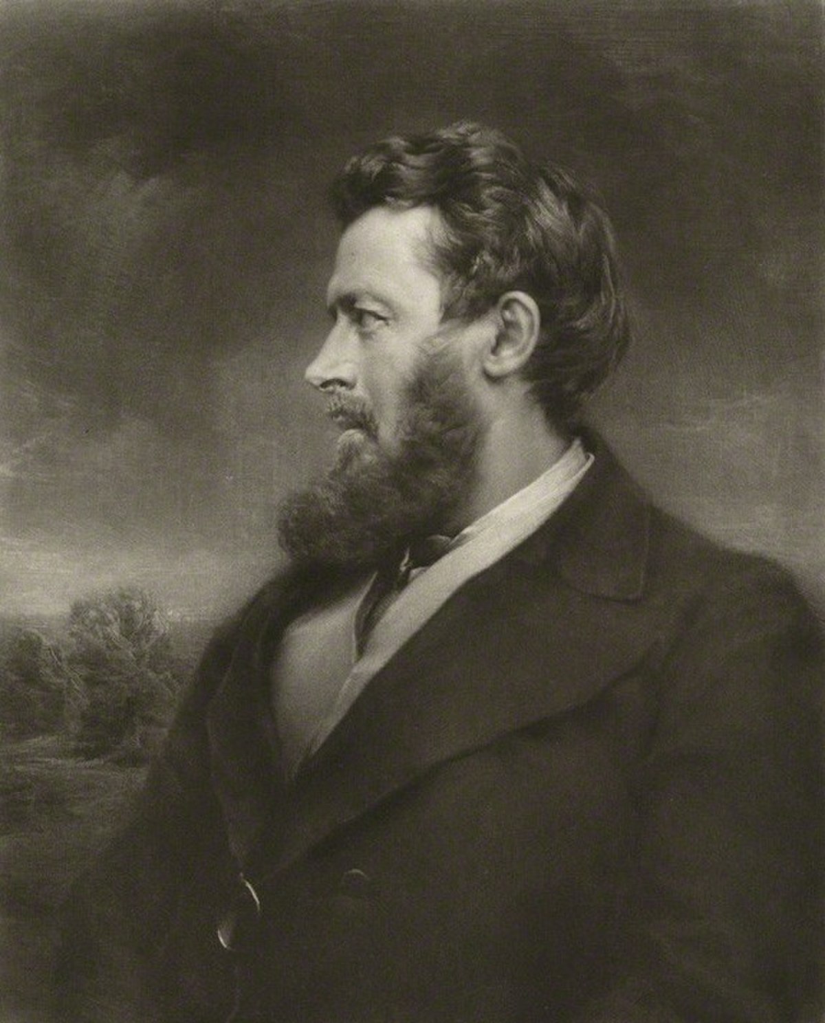 Portrait of Walter Bagehot, an influential 19th-century theorist of the economic role of central banks. He is depicted in profile, looking to the right, with a beard and wearing formal attire against a dark, cloudy background.