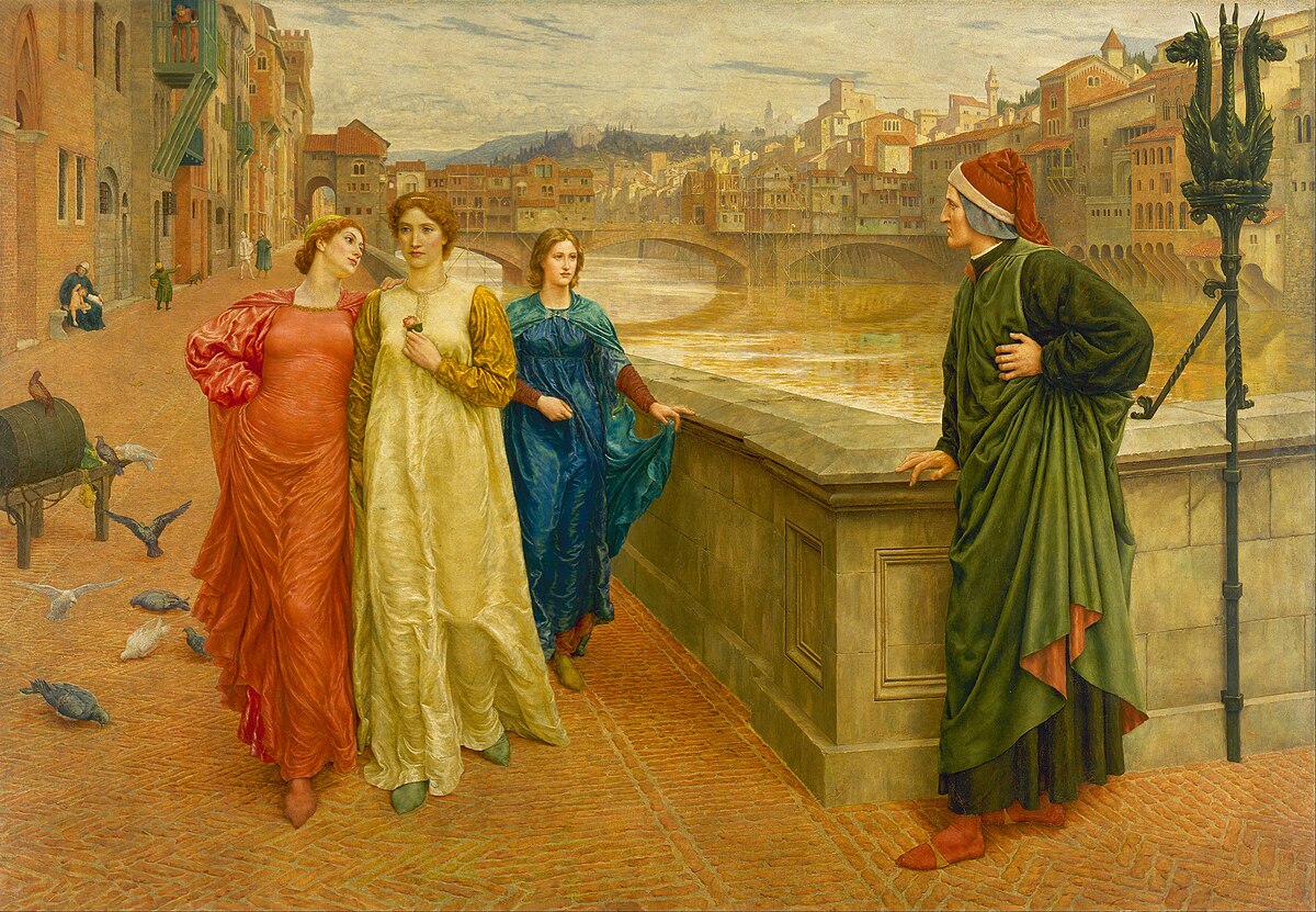 Painting titled "Dante and Beatrice" by Henry Holiday, depicting Dante Alighieri observing Beatrice and two other women on a bridge or promenade in a city. Beatrice, in a yellow dress, turns away from Dante, who stands on the right in a red hat and green robe.