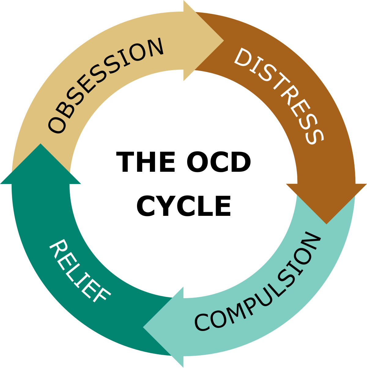 Diagram illustrating "THE OCD CYCLE" as a circular flow of four stages: Obsession, Distress, Compulsion, and Relief. Each stage is represented by an arrow in a continuous loop.
