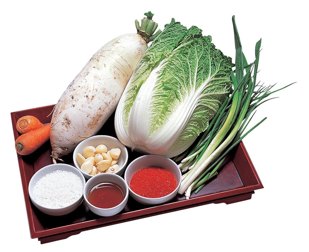Basic ingredients for making kimchi are arranged on a dark red tray, including napa cabbage, radish, carrots, salt, garlic, fish sauce, chili powder, and scallions.