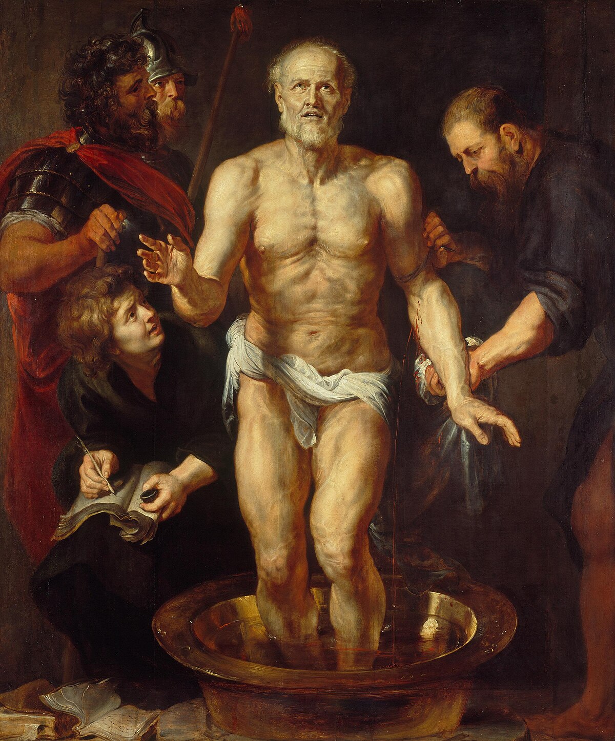 Painting by Peter Paul Rubens titled "The Death of Seneca" depicting Seneca in a basin, surrounded by soldiers and attendants. One attendant is writing on a scroll, while another holds Seneca's arm as blood flows into the basin.