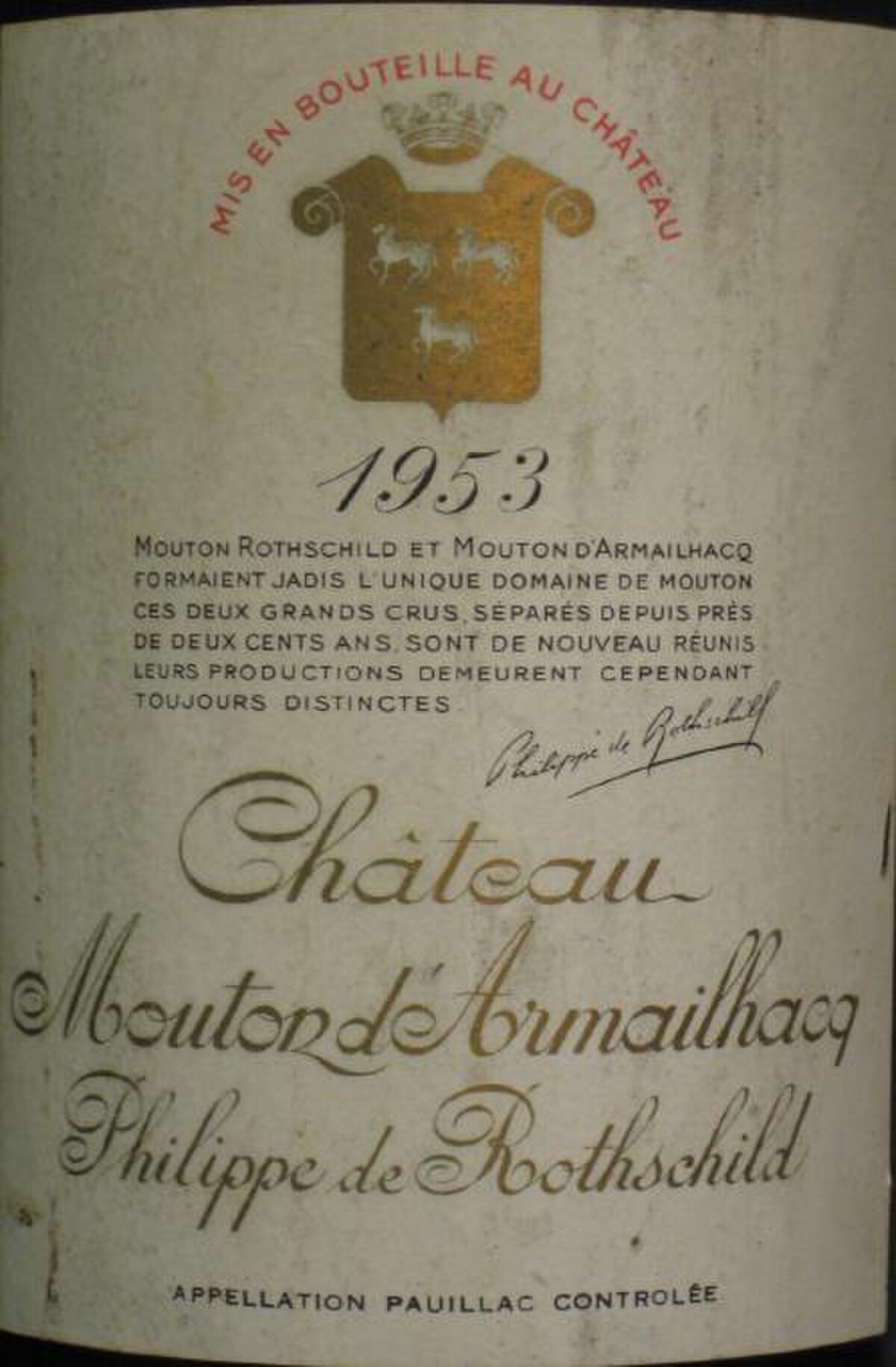 A vintage wine bottle label for "Château Mouton d'Armailhacq" from 1953. The label features a coat of arms with three sheep, text in French including "MIS EN BOUTEILLE AU CHÂTEAU" and "APPELLATION PAUILLAC CONTROLÉE", and a signature by "Philippe de Rothschild."