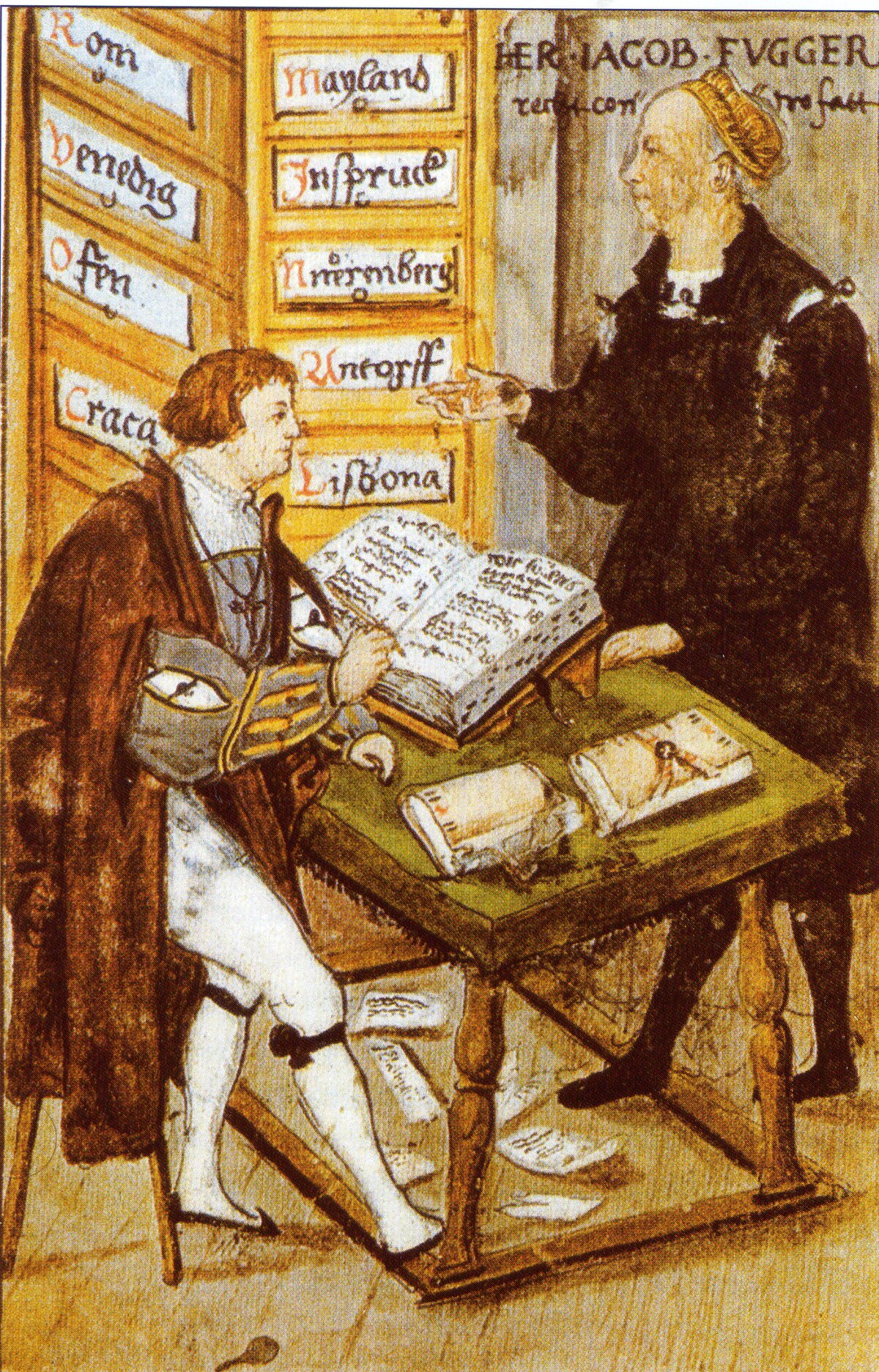 A 16th-century painting depicting the German banker Jakob Fugger and his principal accountant, M. Schwarz, registering an entry in a ledger. In the background, a file cabinet lists European cities where the Fugger bank conducted business in 1517, including "Rom", "Venedig", "Ofen", "Cracau", "Mayland", "Inspruck", "Nurnberg", "Antorff", and "Lisbona".