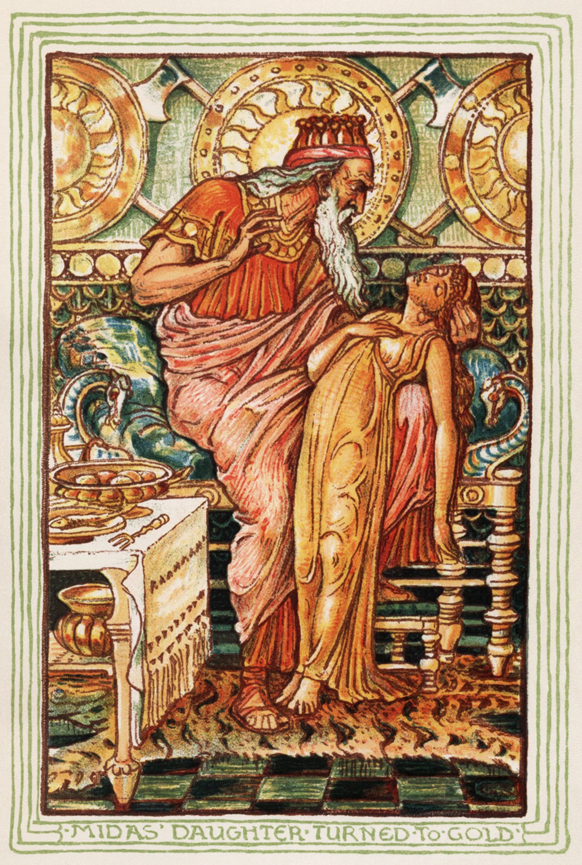 An illustration by Walter Crane for the 1893 edition of Nathaniel Hawthorne's version of the Midas myth depicts King Midas touching his daughter, who is turning into a golden statue. Midas, wearing a crown and red robes, looks distressed as his daughter's body transforms.