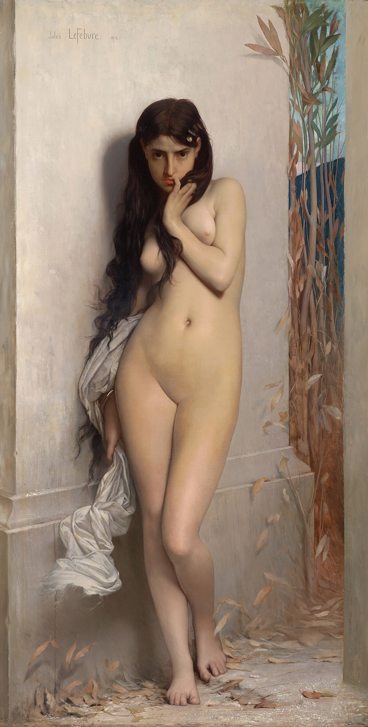 Jules-Joseph Lefebvre's 1872 painting, "The Grasshopper," depicts a nude woman with long dark hair, partially covered by white drapery, leaning against a wall. She gazes directly at the viewer, with autumn leaves scattered at her feet and foliage visible in the background.