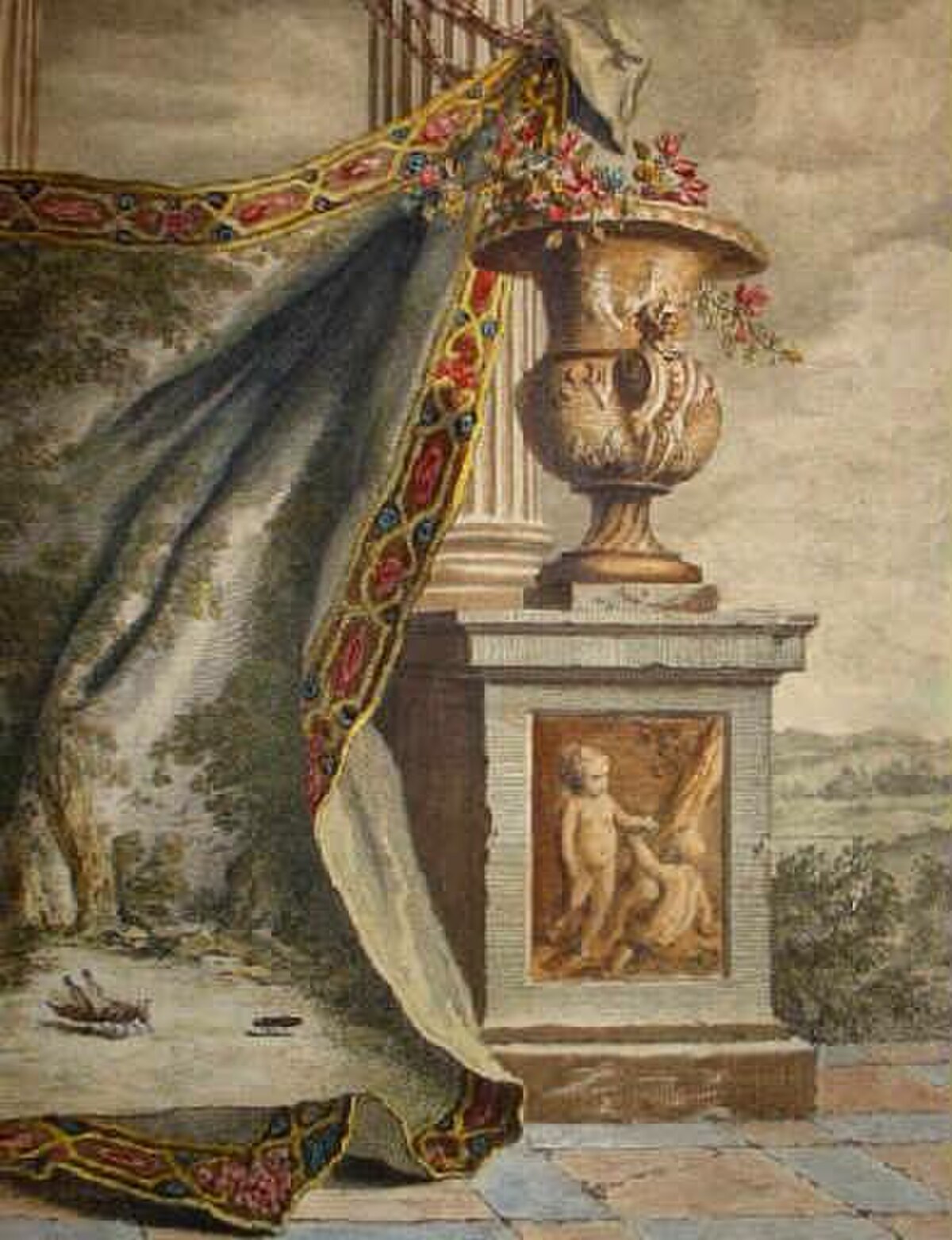 A colored print by Jean-Baptiste Oudry from approximately 1750 illustrates La Fontaine's fable, showing a small grasshopper on a draped fabric in the foreground, with a classical urn on a pedestal and a sculpted relief of cherubs in the background. The scene suggests a theatrical or allegorical setting.