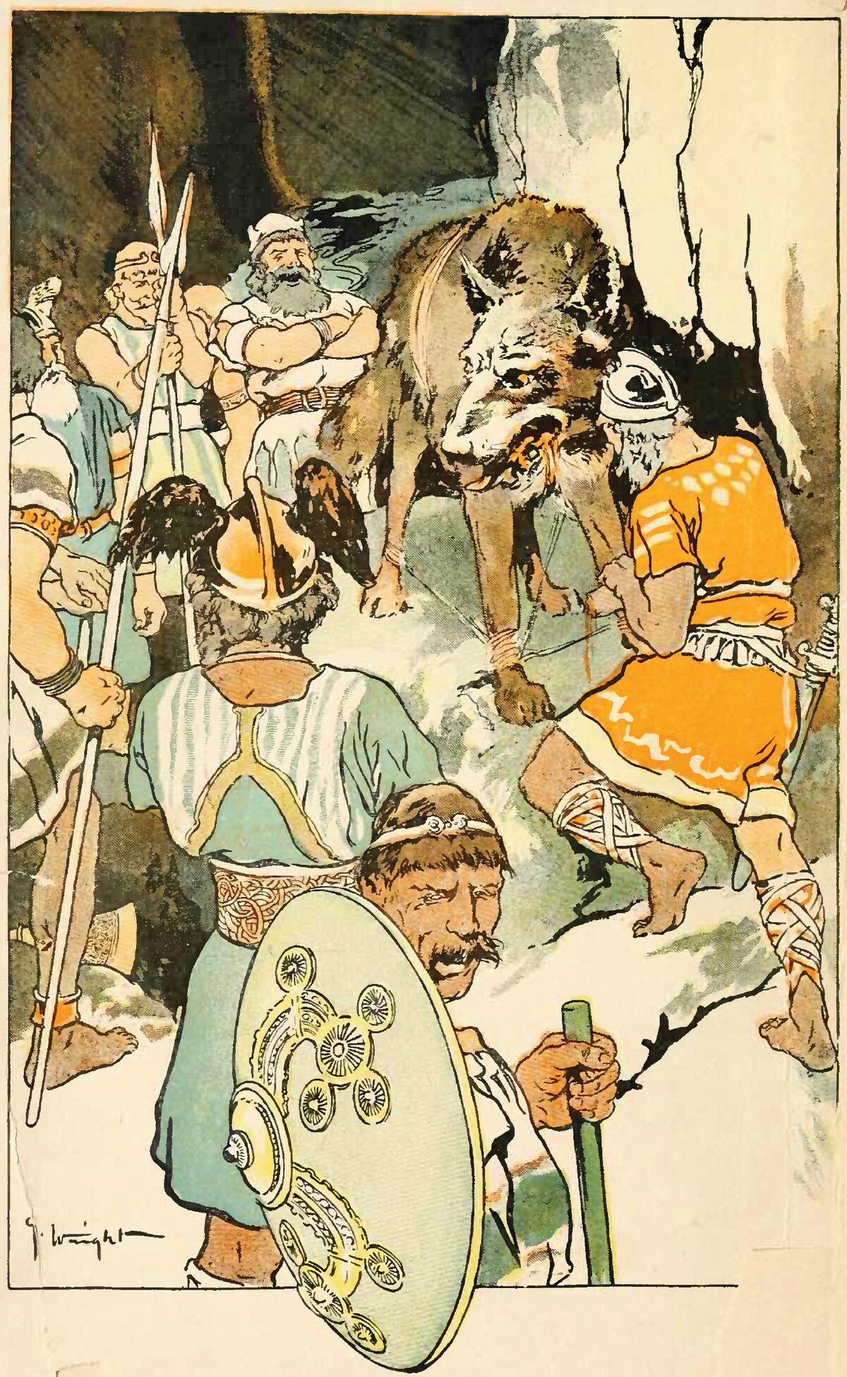 An illustration by George Wright from 1908 showing the binding of Fenrir by several Norse gods. Fenrir, a large wolf, is being restrained by ropes while surrounded by figures in helmets and tunics, one of whom is placing a hand in its mouth.