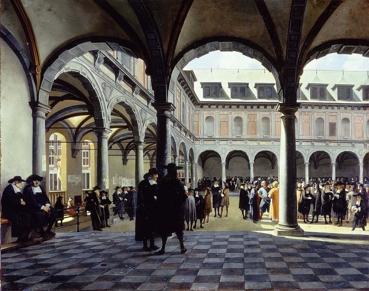 A painting by Job Adriaenszoon Berckheyde depicts the bustling interior courtyard of the Amsterdam Stock Exchange, with numerous figures in 17th-century attire conducting business under arched colonnades. The scene captures the lively atmosphere of a financial hub.