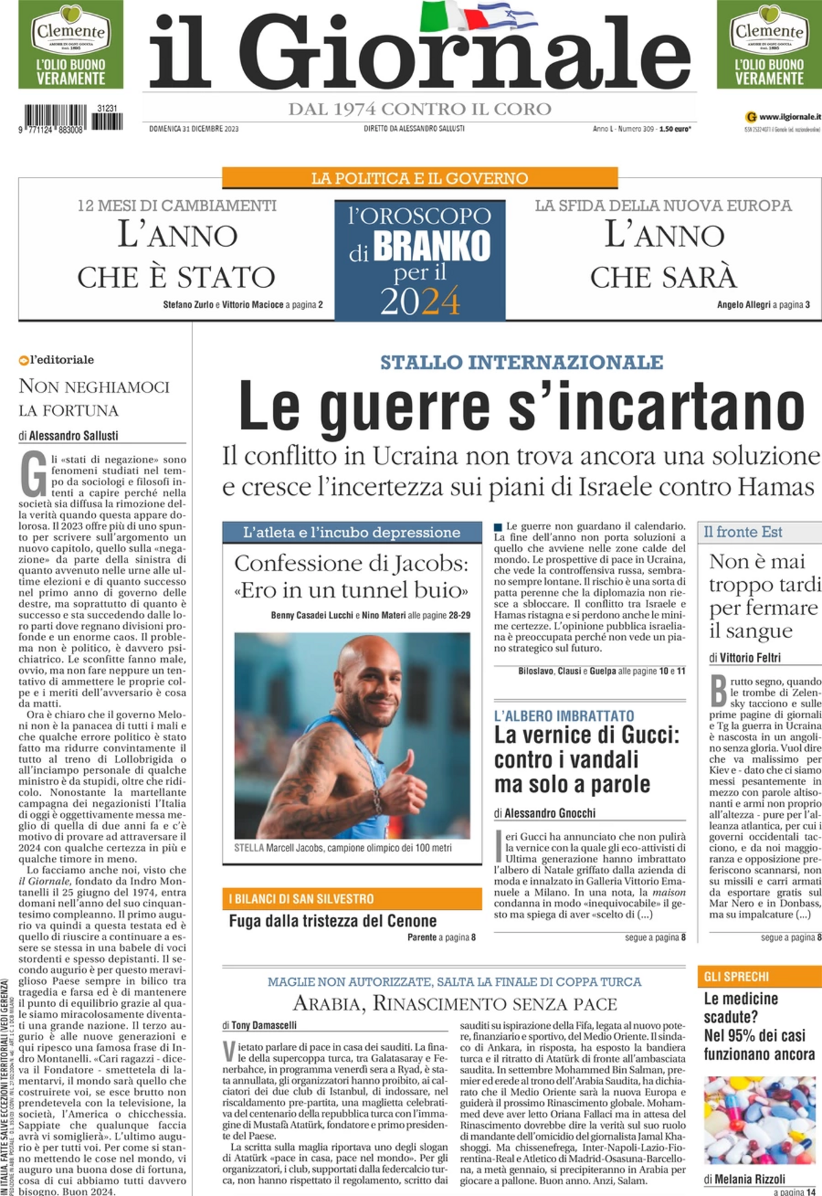 Front page of the Italian newspaper "il Giornale" from December 31, 2023, featuring headlines such as "Le guerre s'incartano" (The wars get complicated) and "L'OROSCOPO di BRANKO per il 2024" (BRANKO's HOROSCOPE for 2024). Other visible text includes "il Giornale DAL 1974 CONTRO IL CORO" and "STALLO INTERNAZIONALE".