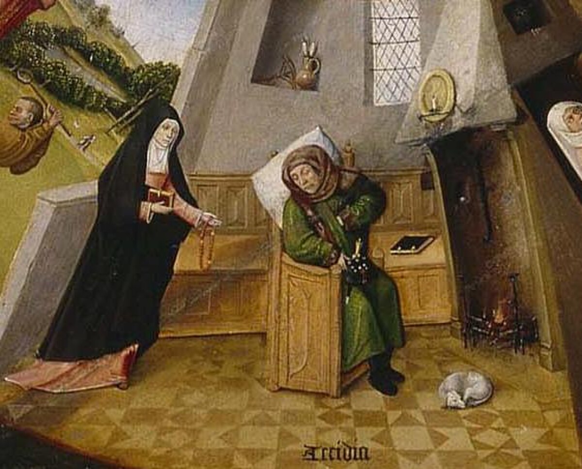 Detail from Hieronymus Bosch's "The Seven Deadly Sins and the Four Last Things," depicting Acedia (Sloth). A robed figure sleeps in a chair while a nun offers a rosary, and a dog sleeps on the floor.